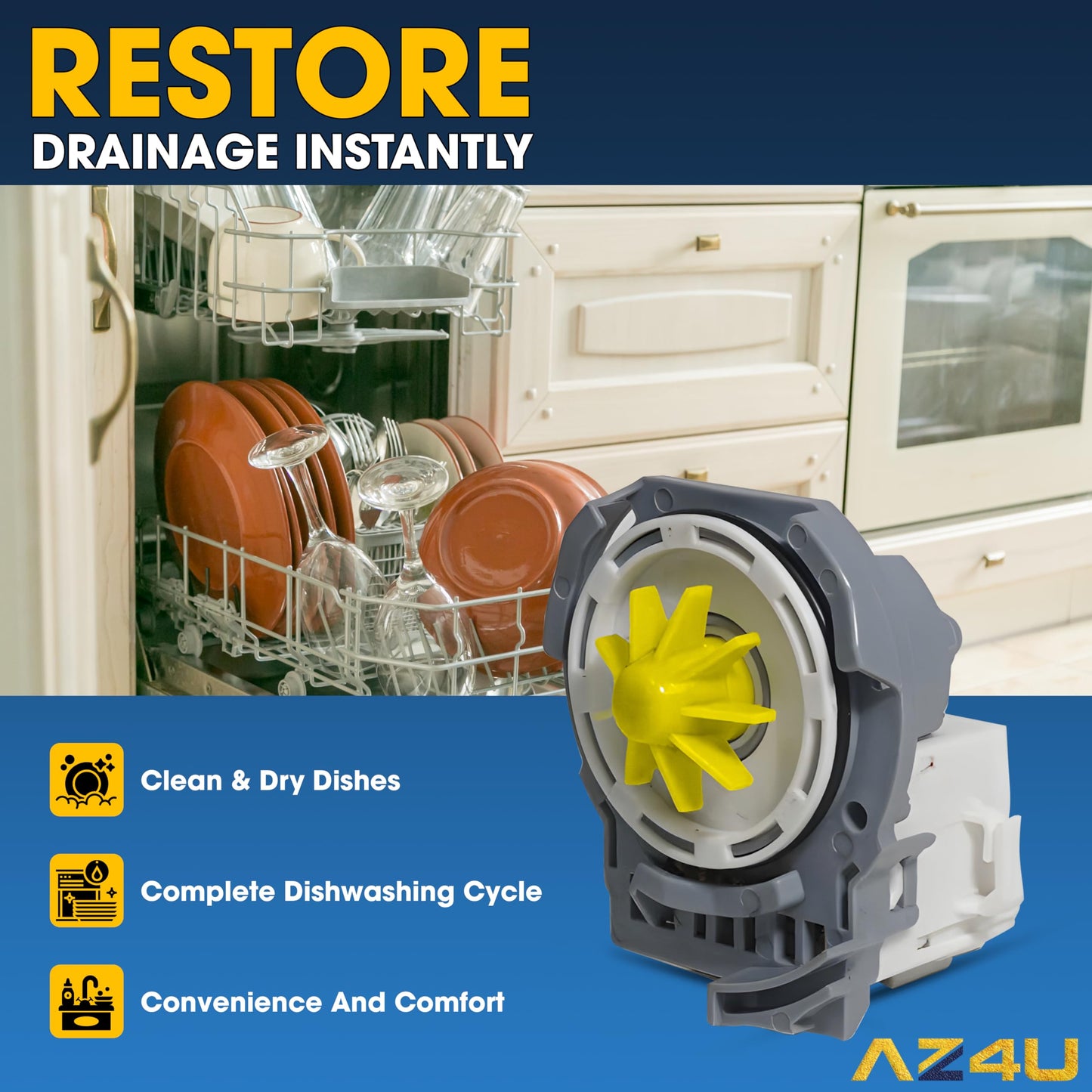 AZ4U Dishwasher Drain Pump Motor Replaces For Whirlpool WDF520PADW WDT970SAHZ0 WDT970SAHV0 WDT710PAHZ1 WDF520PADM7 WDF520PADW7 WDF560SAFM2 WDT720PADB2 WDT730PAHZ0 WDT720PADM2 WDT750SAHZ0 WDTA50SAHZ0