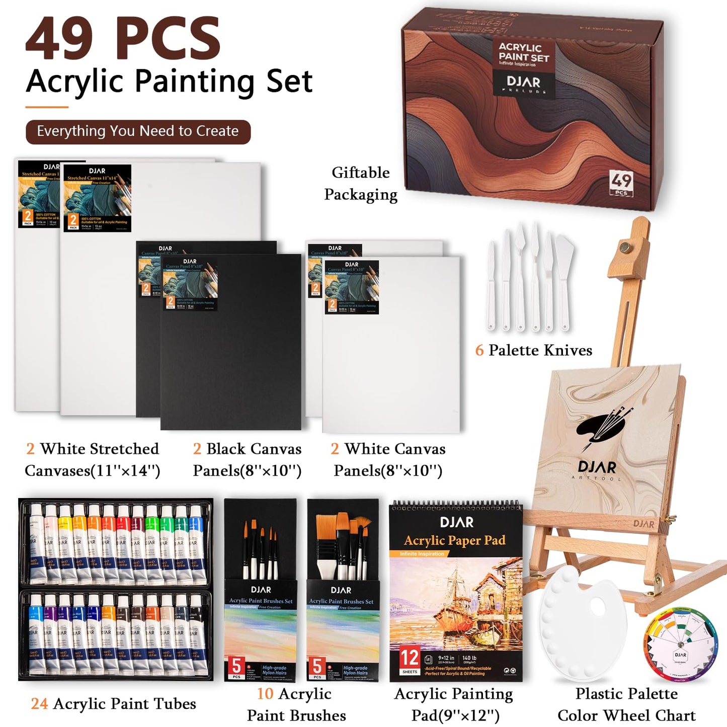DJAR 49 pcs Acrylic Art Set with 25" Art Easel, Adjustable Beech Wood Tabletop Wooden Easel for Painting, Painting Supplies with 24 Acrylic Paints, Canvas Panels, Palette for Teens, Adults, Students