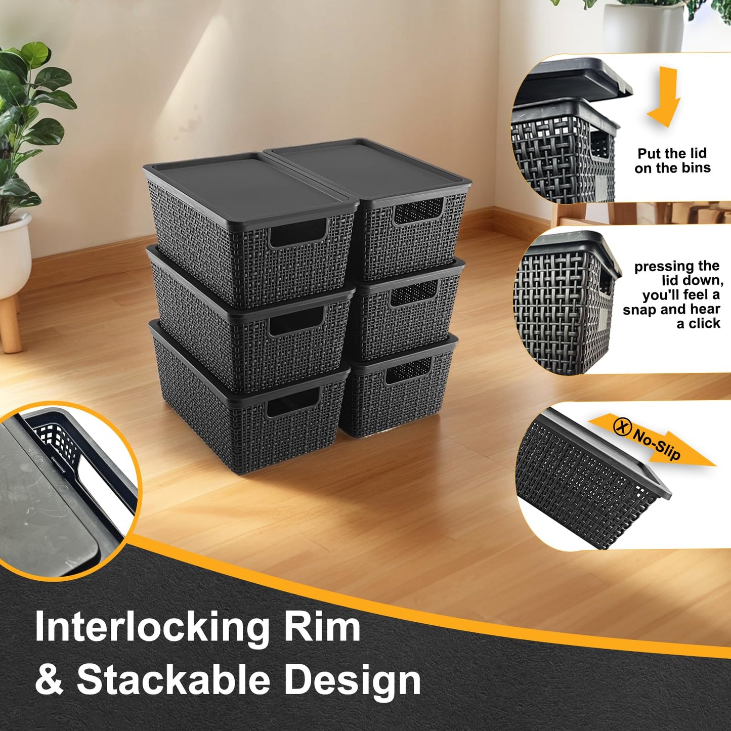 Storage Bins with Lids | Plastic Storage Baskets with Lids for Office Organization,Stackable Organizing Bins with Latching Design, Easy-Clean Boxes for Home, Office, Toys & Classroom Supplies, 6 packs