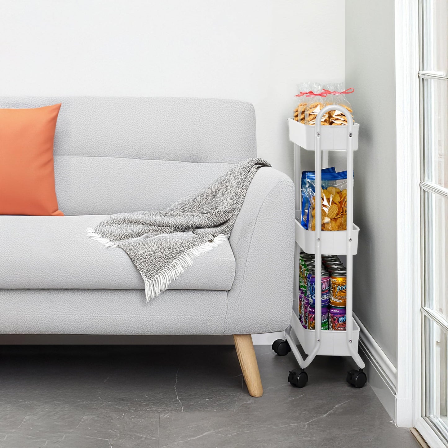 SunnyPoint Slim Rolling Storage Cart, 3 Tier Bathroom Storage Organizer Bathroom, Laundry Utility Cart (White)