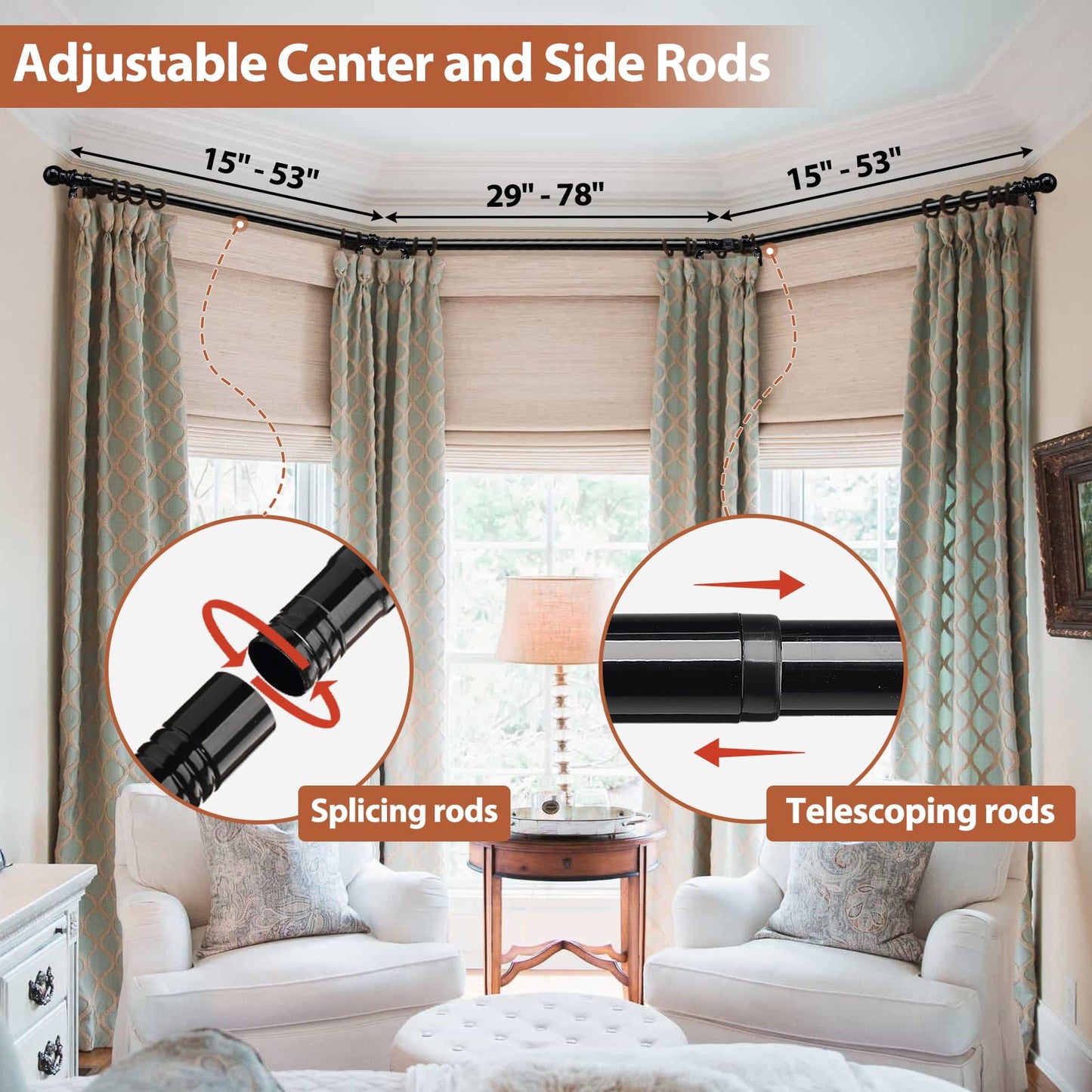 Bay Window Curtain Rods, 1 Inch Heavy Duty Metal U Shaped Corner Curtain Rod, 59-184” Adjustable Curved Curtain Rod for Bay Window Black