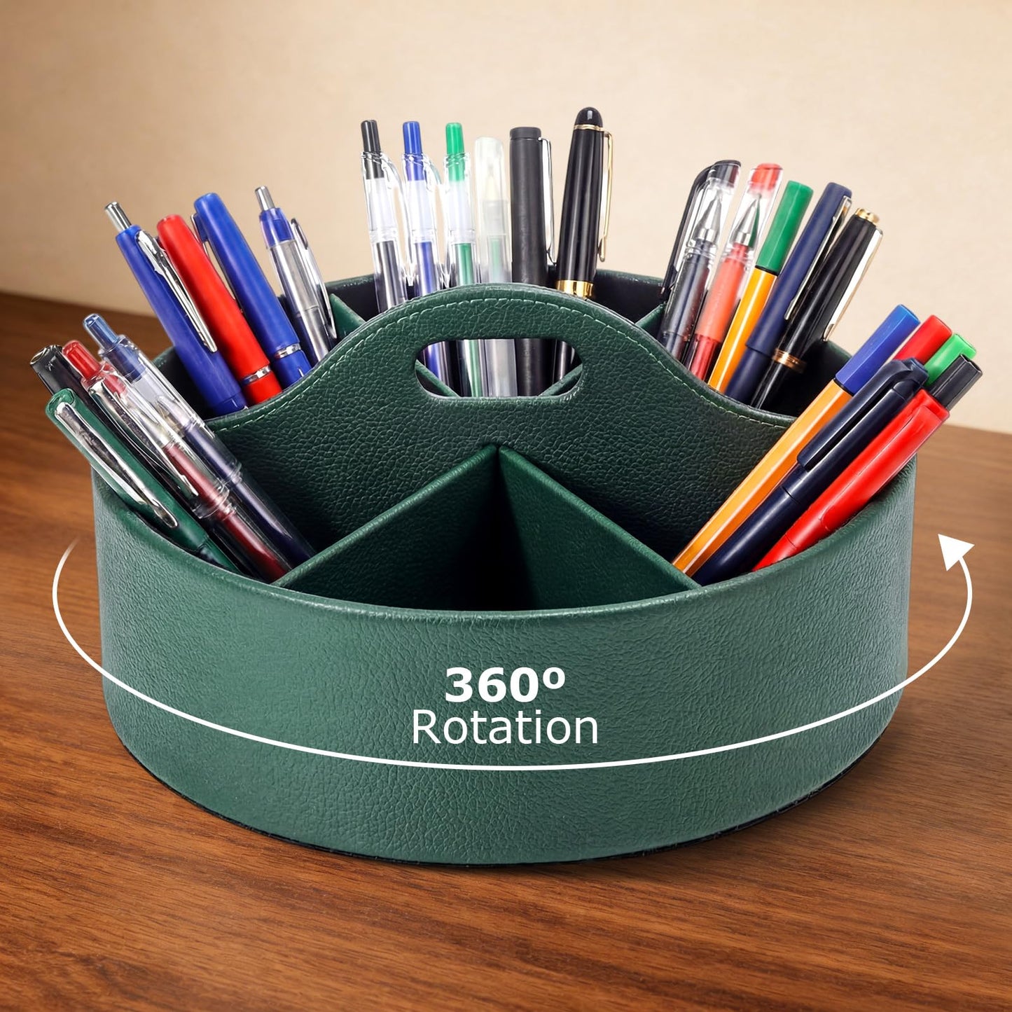 YooNotee 360° Rotating Leather Desk Storage Organizer with 6 Slots and Handle Extra-large Pen Holder Spinning Pencil Storage Lazy Susan Organizer Office Desk Supplies Marker, Art Supply(Green)