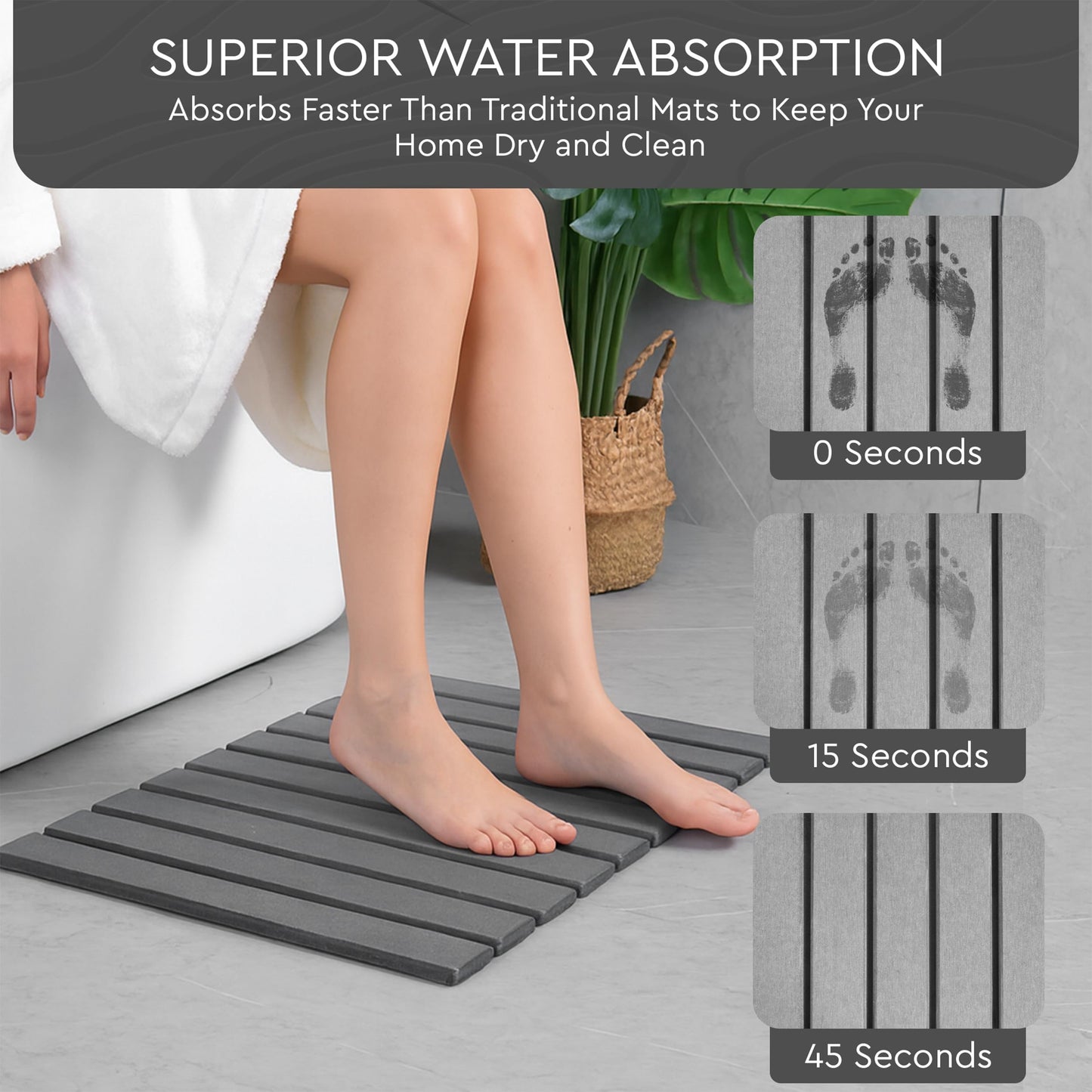 Foldable Stone Bath Mat | 23.6" x 15.4" Diatomaceous Earth Bath Mat with Anti-Slip Rubber Backing | Absorbent Bathroom Mat | Non Slip & Fast Drying Diatomite Stone Mat for Bathroom | Dark Grey