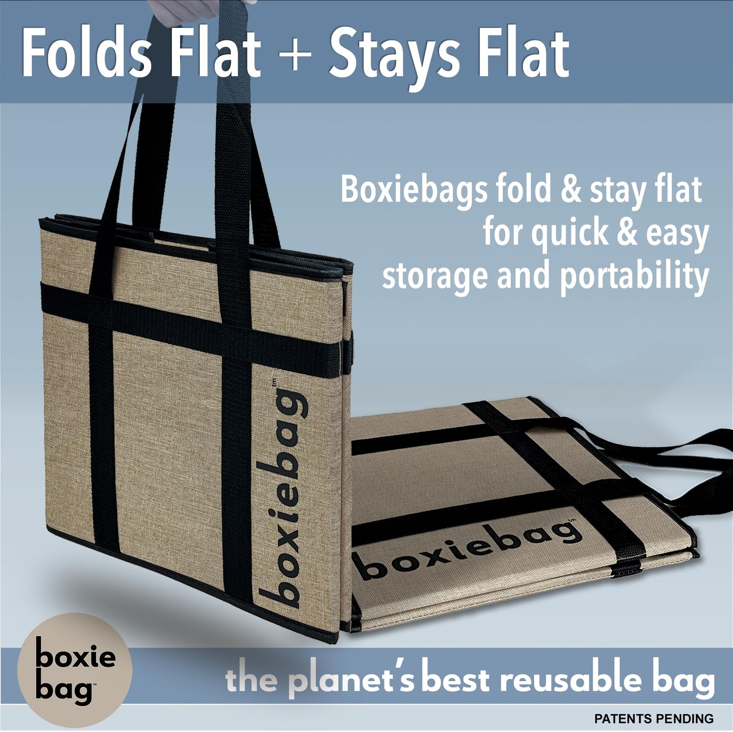 Boxiebag Reusable Grocery Bag (Single) – Durable Reusable Shopping Bag Box. Insulate, Stand Up, Stay Open, Fold Flat – Large Tote Bag with Long Handles & Reinforced Bottom. 2 Year Warranty.