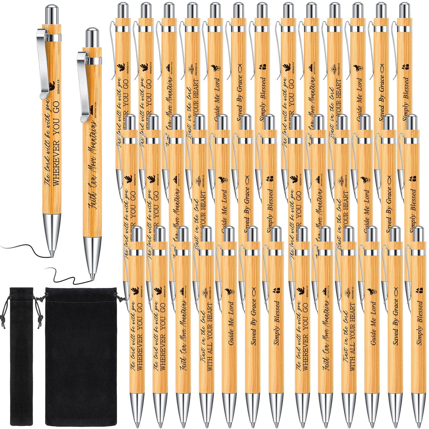 Roowest 100 Pcs Inspirational Bible Verse Bamboo Pens, Christian Ballpoint Pens for Employee Gifts, Journaling & Office Supplies – Black Ink with Velvet Pouches