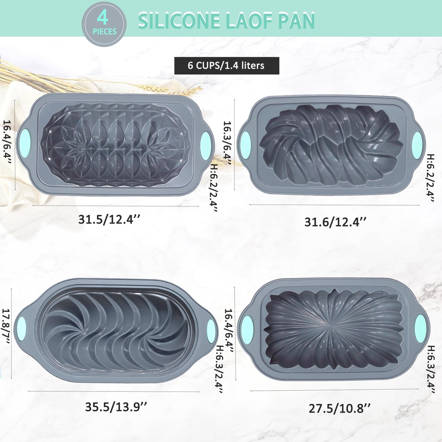 Tongjude 4 Piece Silicone Loaf Pan for Baking, Non-Stick Kitchen Oven Bread Pan, Perfect for Banana Bread, Sandwich, Pound Cake and Meatloaf, 6 Cups, Grey