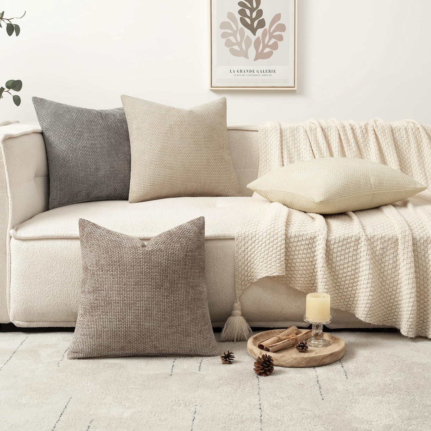 MIULEE Pack of 4 Couch Throw Pillow Covers 18x18 Inch Neutral Beige/Brown Soft Decorative Chenille Pillow Covers Farmhouse Accent Cushion Covers for Boho Spring Home Decor Sofa Bedroom Living Room