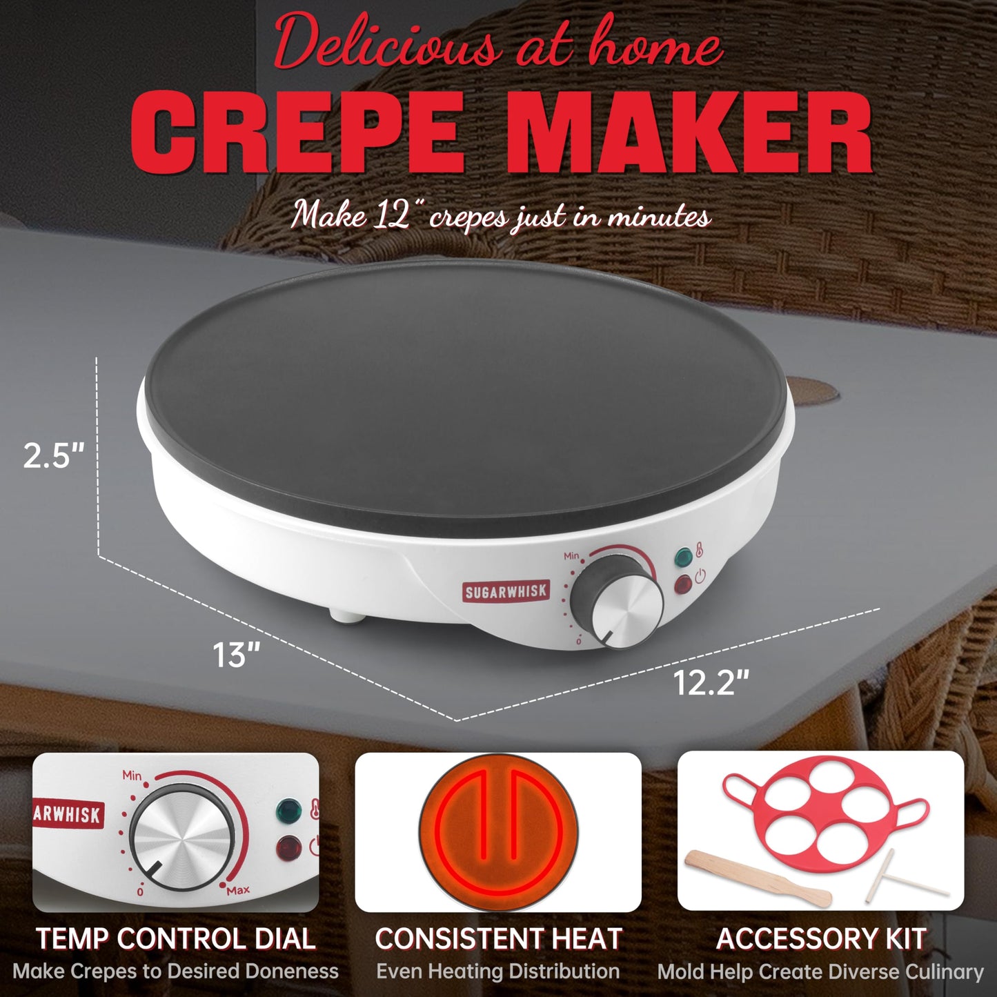SugarWhisk Crepe Maker Electric, Crepe Pan 12 Inch with 5 X 4” Silicone Molds, Pancake Maker Machine for Pancakes & Tortilla & Fried Eggs, Batter Spreader & Spatula Included, White