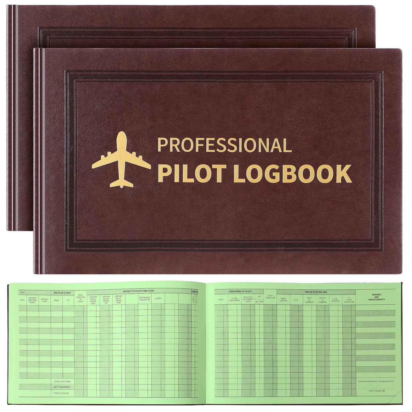 Gilprop 2 Pack Professional Pilot Logbook 128 Sheets Flight Logbook Brown Leather Hardcover Large Aircraft Record Book Aviation Gifts and Gear for Students Pilot