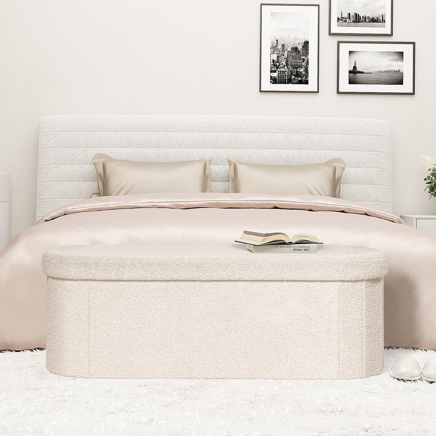 PINPLUS Storage Ottoman Bench Tufted Oval Ottomans Bench Foot Rest, Chest Box Velvet Bench with Storage, 43"x15"x15" (White)