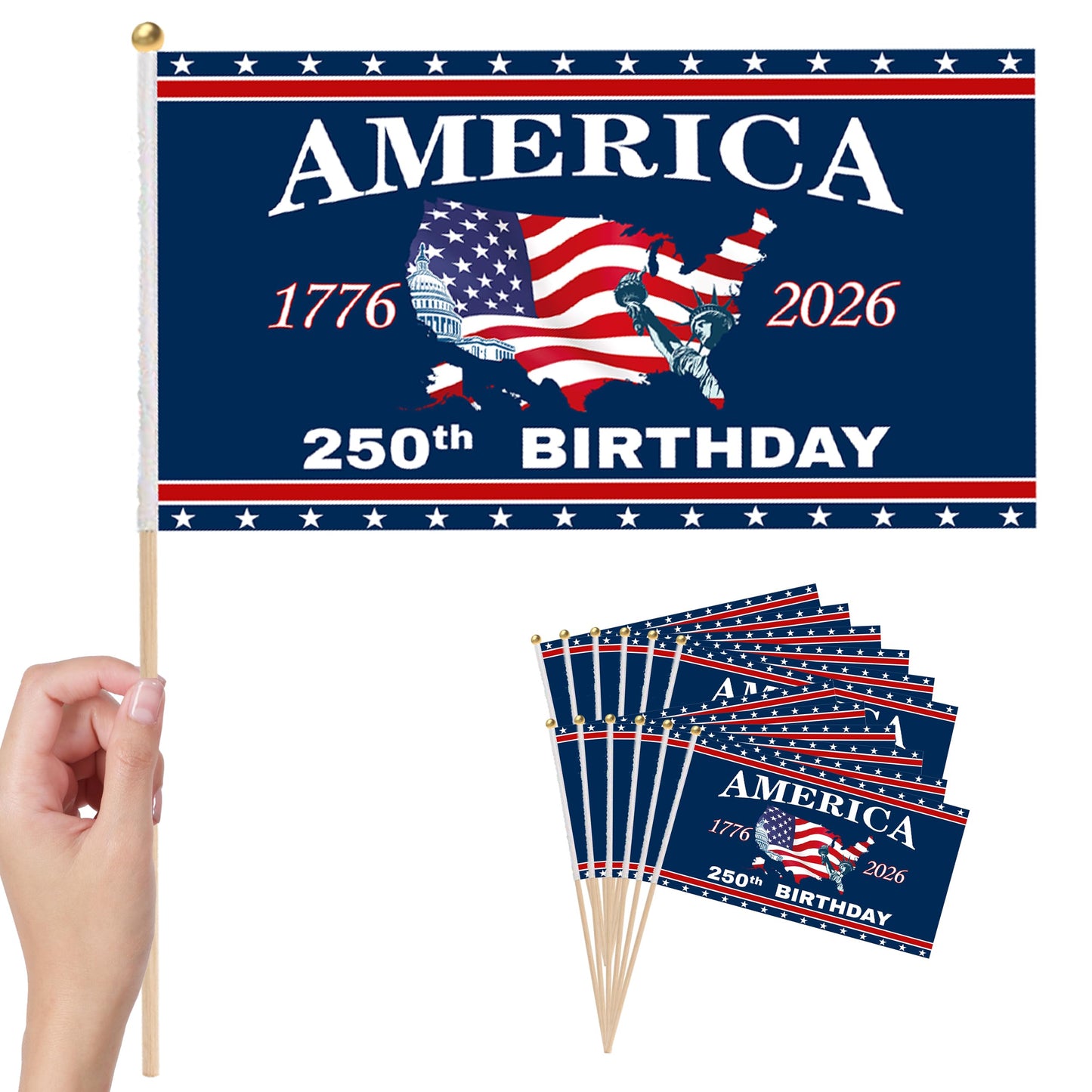 100 Pcs 250 Anniversary Small Stick Flags 250 Year American Anniversary flag Handheld Flag for Outside 4th of July Independence Day Patriotic Signs Hand Held Flags for Room House Welcome Lawn Backdrop Parade (B Flag, 100Pcs)