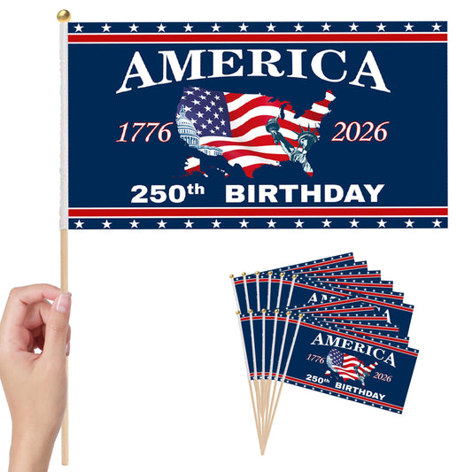 100 Pcs 250 Anniversary Small Stick Flags 250 Year American Anniversary flag Handheld Flag for Outside 4th of July Independence Day Patriotic Signs Hand Held Flags for Room House Welcome Lawn Backdrop Parade (B Flag, 100Pcs)