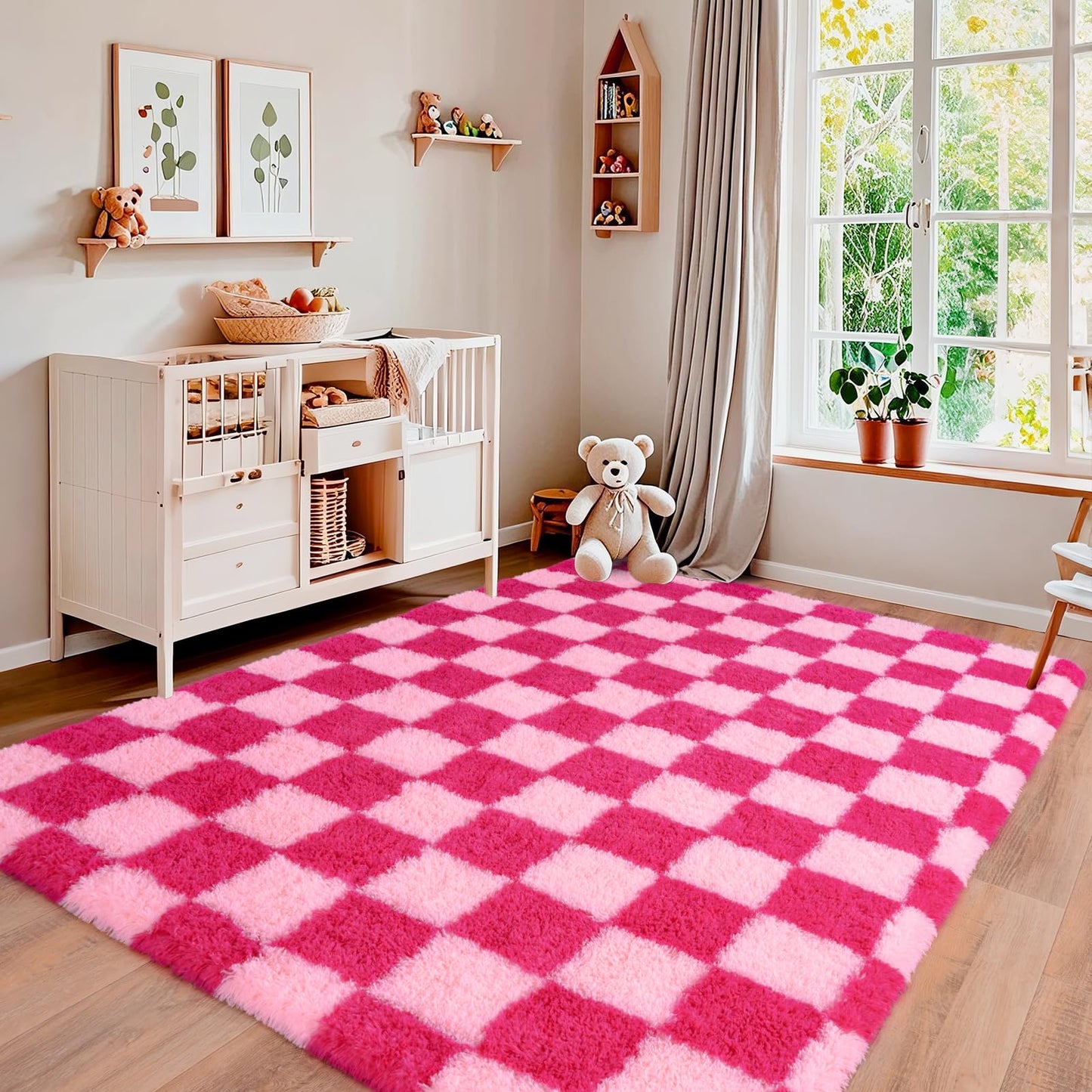 Pionblank Fluffy Area Rug for Bedroom 5x7, Modern Indoor Shag Carpet, Soft Plush Non Slip Checkered Rugs for Living Room Kids Room Home Decor, Hot Pink