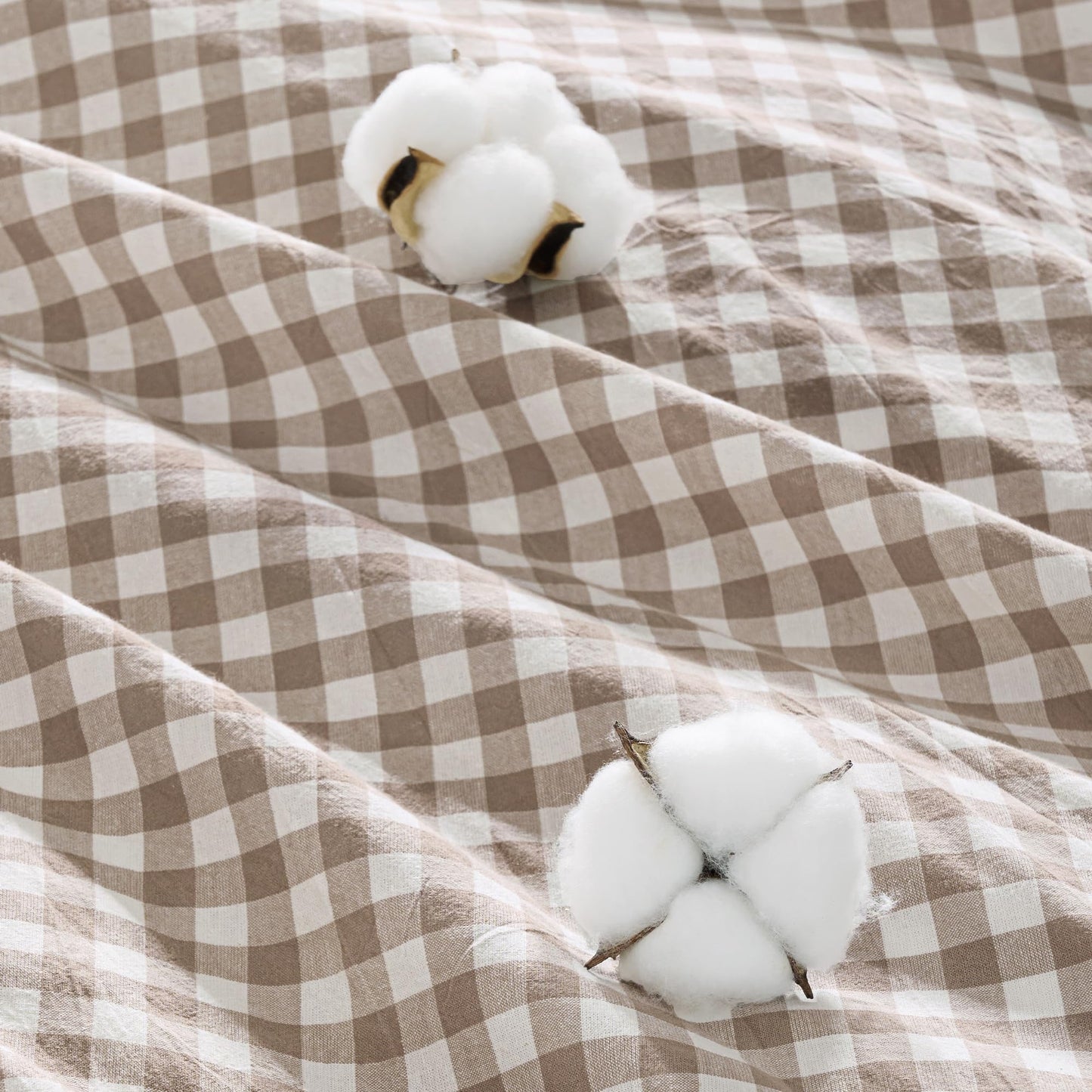 Andency Tan Gingham Duvet Cover King, 100% Wash Cotton Linen Like Textured Breathable Comforter Cover Set, 3 Piece Brown Classic Yarn-Dyed Checkered Plaid Bedding Set, 104"*90"