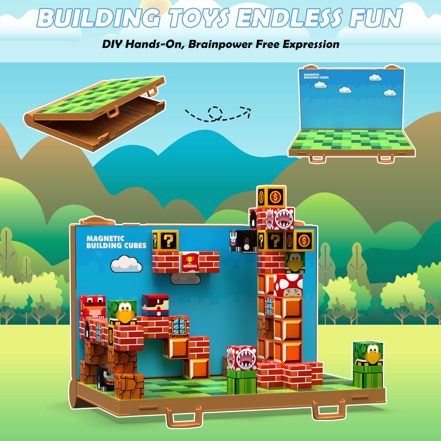 Magnetic Blocks, Build 3D Magnet Building Toys World with Magnetic Tiles, Foldable Magnet Board, STEM Sensory Toy for Kids, Toy Building Sets Gifts for Age 3 4 5 6-10 Year Old Boys Girls