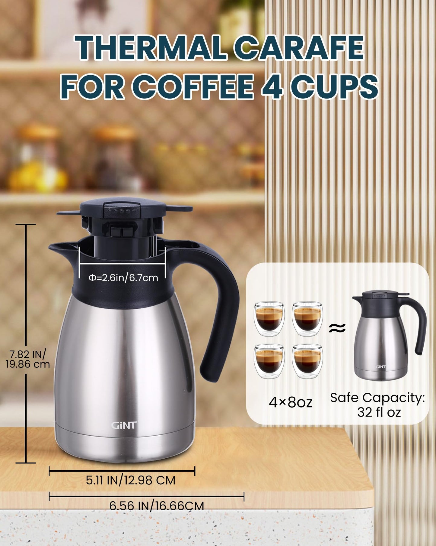GiNT 34Oz Thermal Coffee Carafe, Insulated Stainless Steel Coffee Carafes for Keeping Hot/Double Walled Vacuum Coffee Carafe (Silver, 1L)