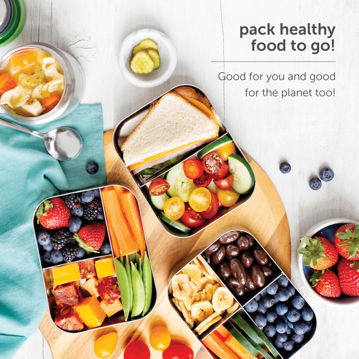 LunchBots Large Cinco Stainless Steel Lunch Container - Five Section Design Holds a Variety of Foods - Metal Bento Box - Dishwasher Safe - Stainless Lid - Blue Dots