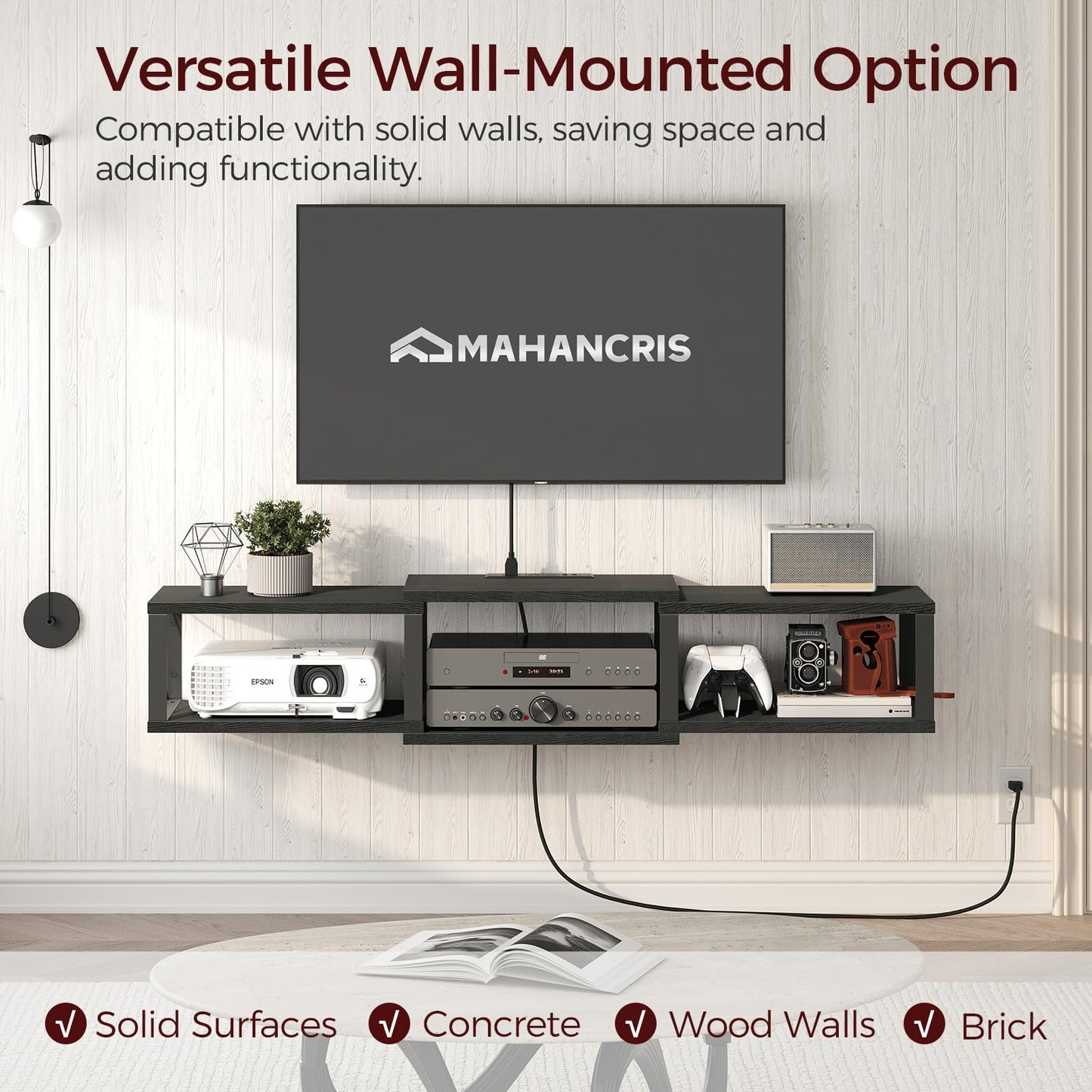 MAHANCRIS 43.7” Floating TV Stand with Power Outlet, Wall-Mounted Entertainment Center, Floating Metal Frame Media Console Shelf for Under TV Storage, for Living Room, Bedroom, Black TVHB101E01