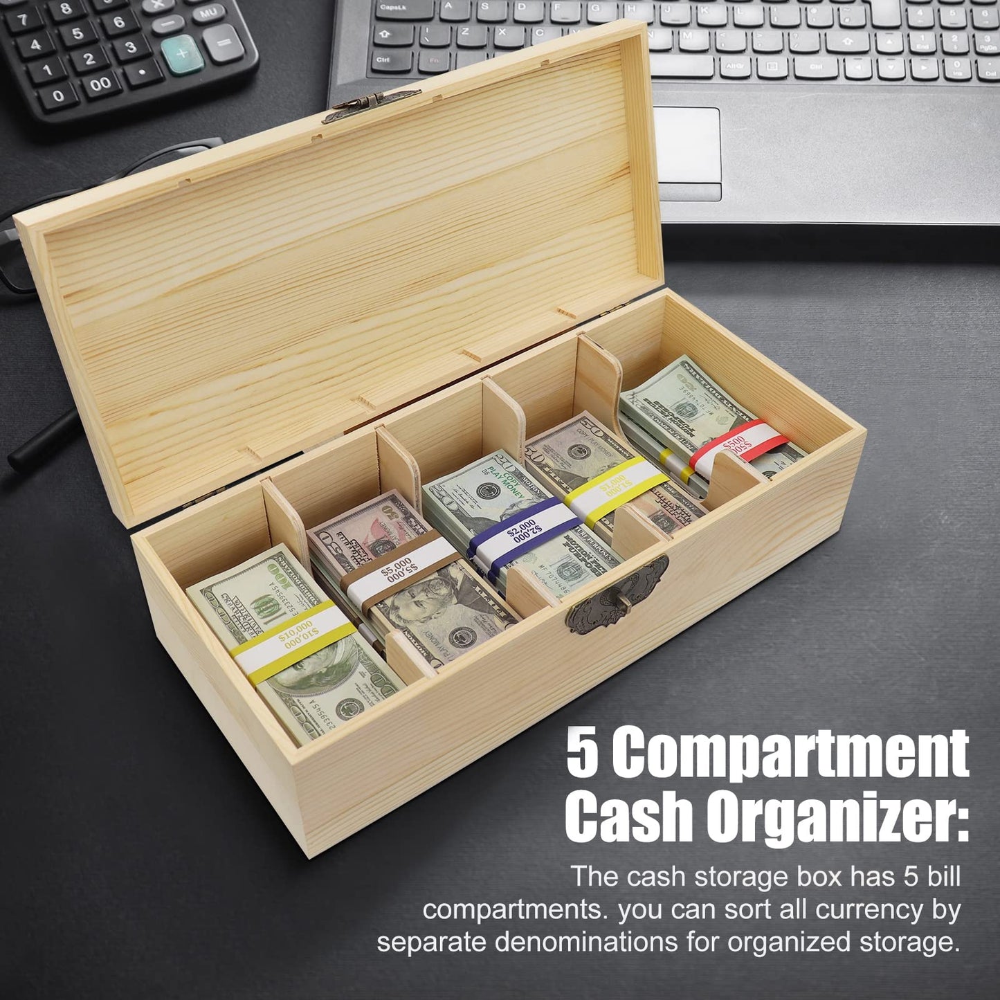 Mczxon Wooden Locking Currency Money Cash Tray with Coin Tray, 5 Compartment Wooden Cash Money Currency Organizer Storage Change Box Case Holder Moneyboxes with Lockable Cover 300 Money Wrappers