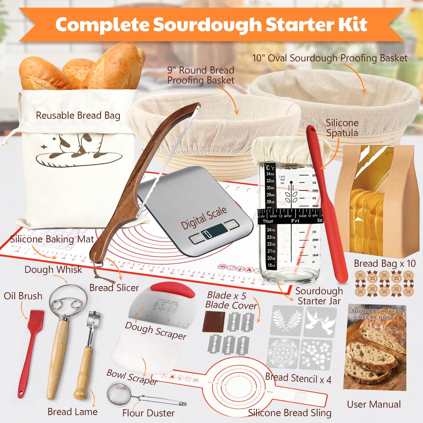 Sourdough Starter Kit with Scale, Banneton Bread Proofing Basket, Sour Dough Starter Jar, Complete Sourdough Bread Baking Supplies Tools, Full Sourdough Bread Making Tool, Gift Set for Bakers Beginner