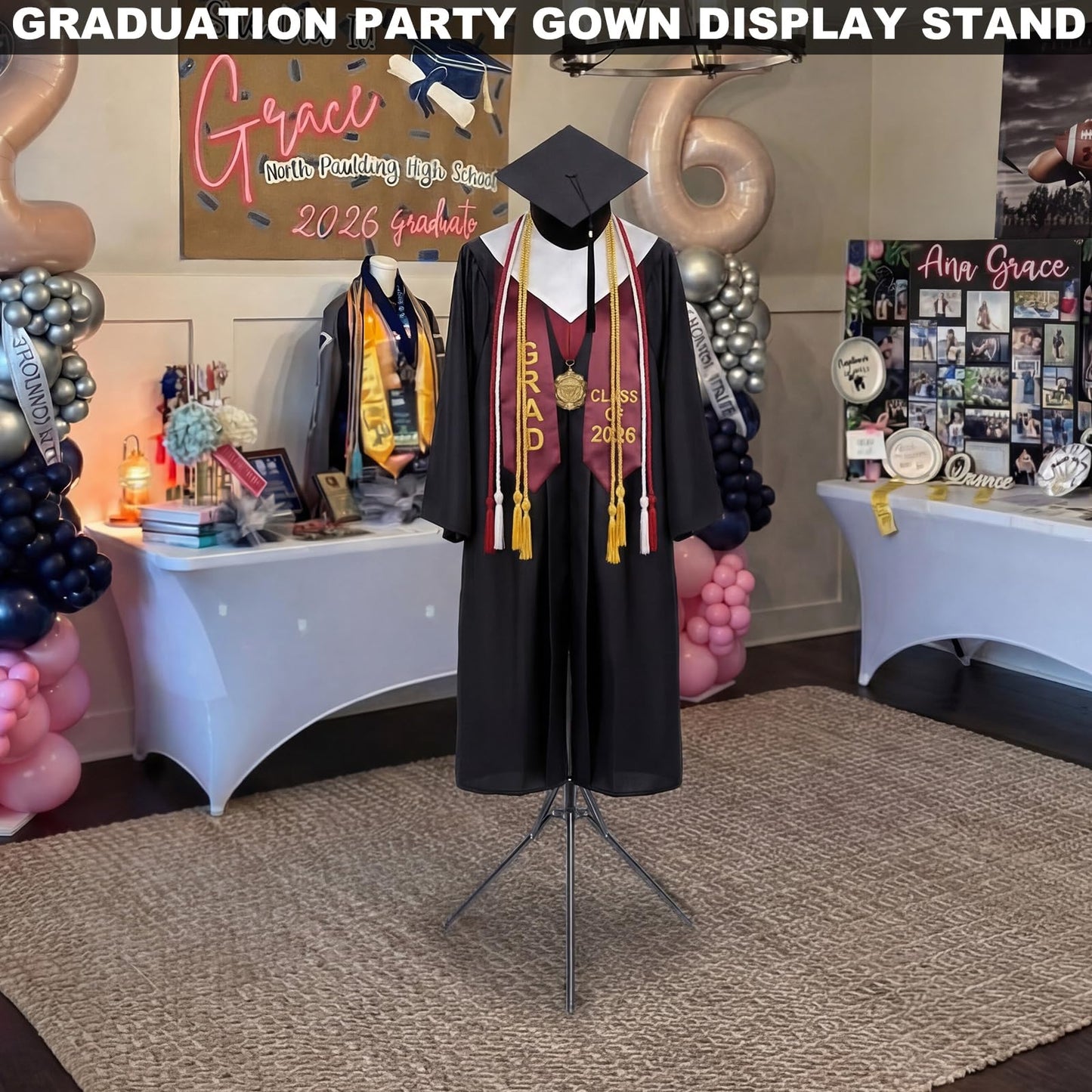Bucherry Graduation Gown Display Stand Adjustable Garment Hanger for T Shirt 32-63 Inch Portable Hanging Metal Clothes Stand for Graduation Cap Clothing Jacket Coat Shirt Display