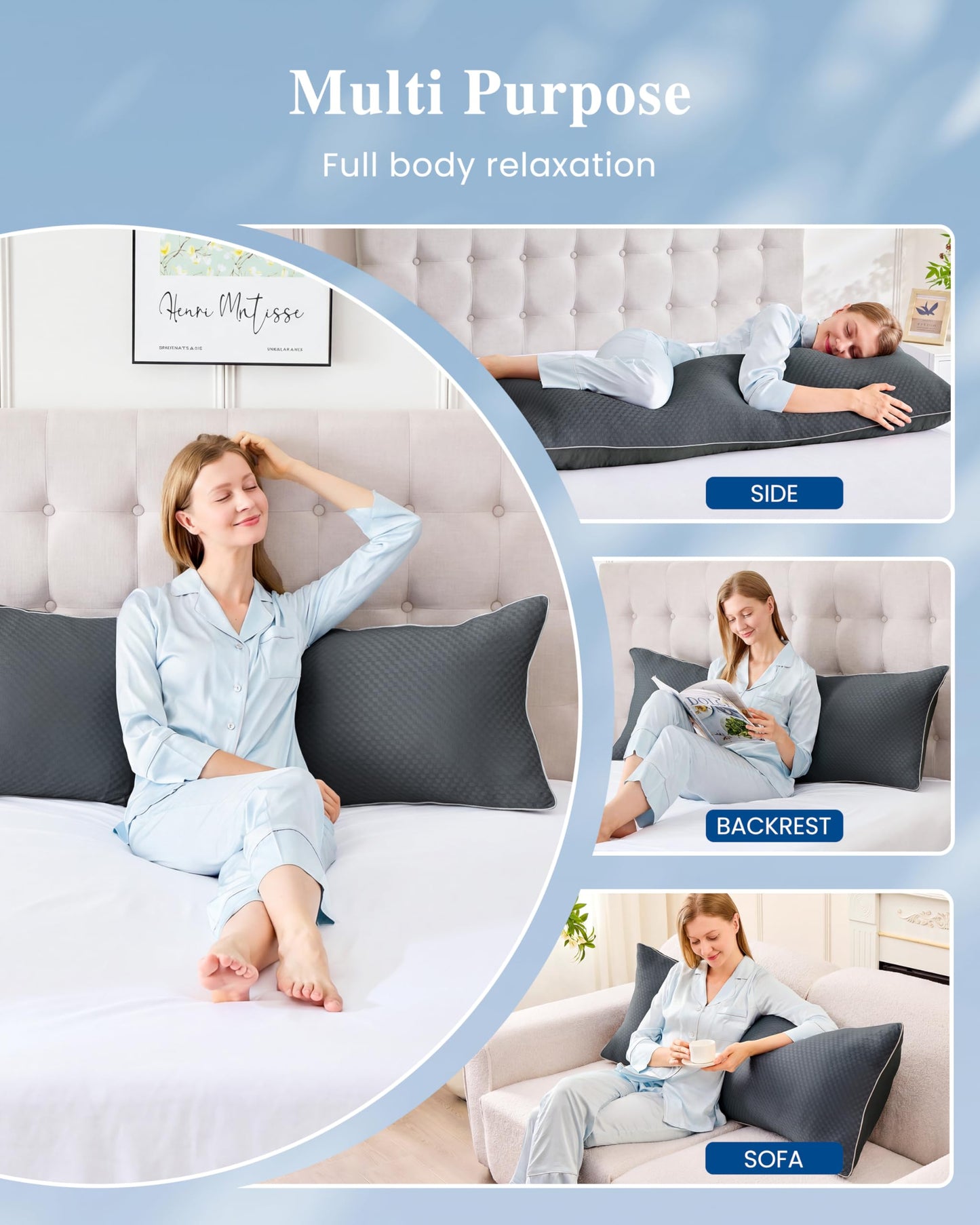 YZ HOME Cooling Body Pillow for Adults- Pillow Insert with Shredded Blue Memory Foam, Soft Support for Side Sleeper, Pregnant Women，Back Pain Relief, Washable Pillowcase (20x54 Inch, Dark Gray)