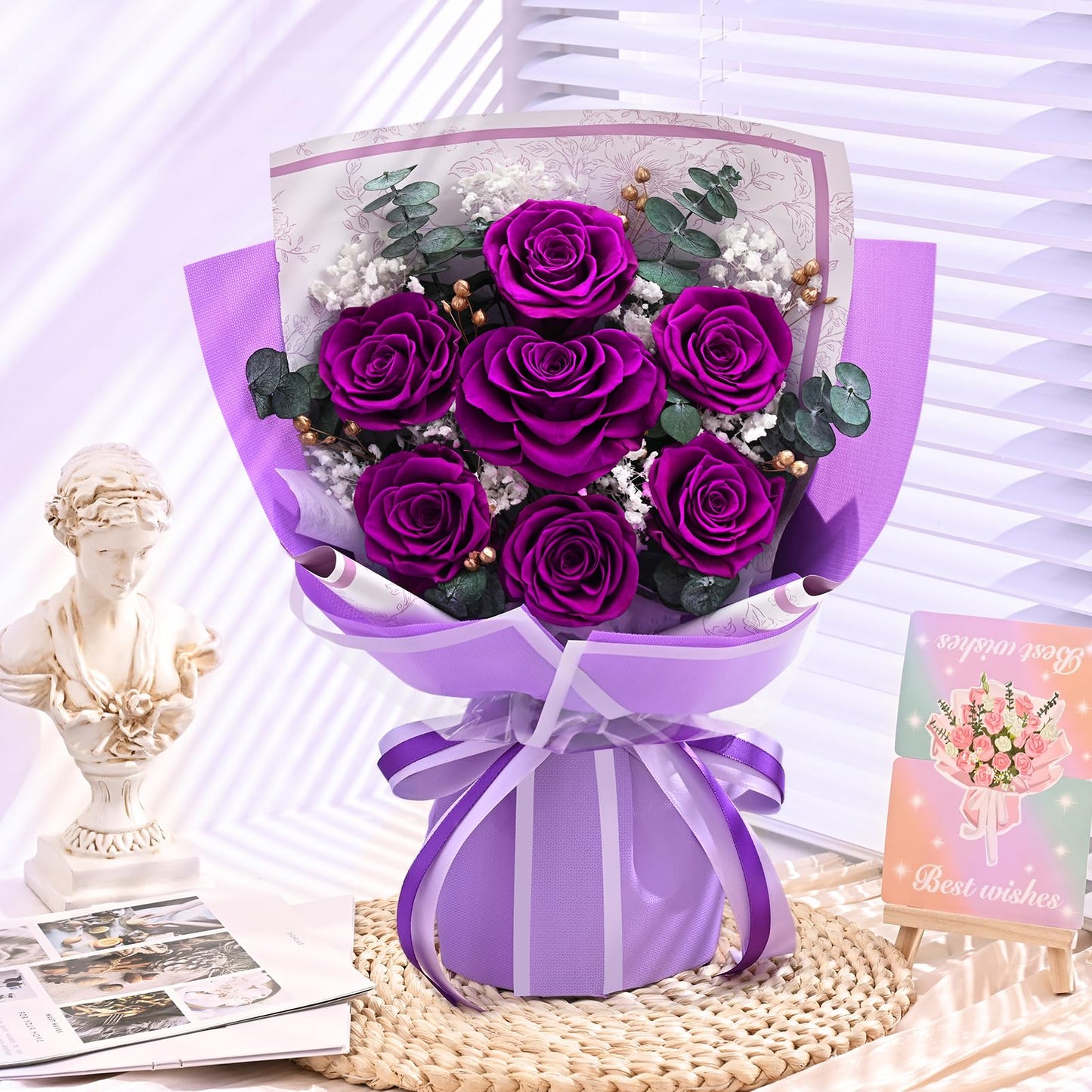 Forever Rose Flowers for Delivery Mothers Day Gifts, 7-Piece Purple Preserved Roses Flowers Bouquet with Vase Gift Box, Long-Lasting Flower Bouquet for Mom Her Women Wife Girlfriend Mothers Day
