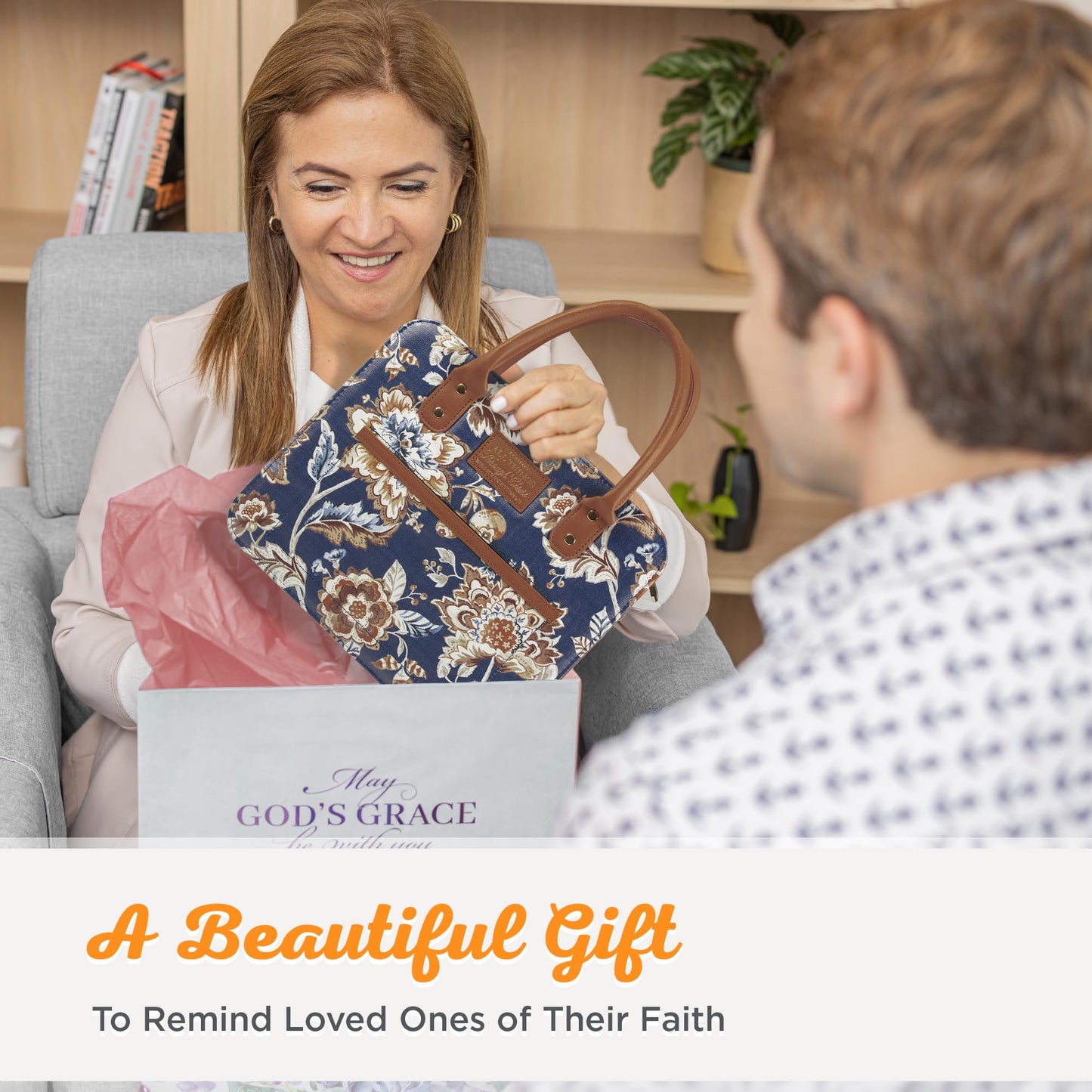 Christian Art Gifts Fashion Vegan Leather Purse Style Bible Cover Case for Women: All Things Through Christ Gold Inspirational Scripture, Pen Loops, Two Handles, Pockets, Navy & Brown Floral, XL