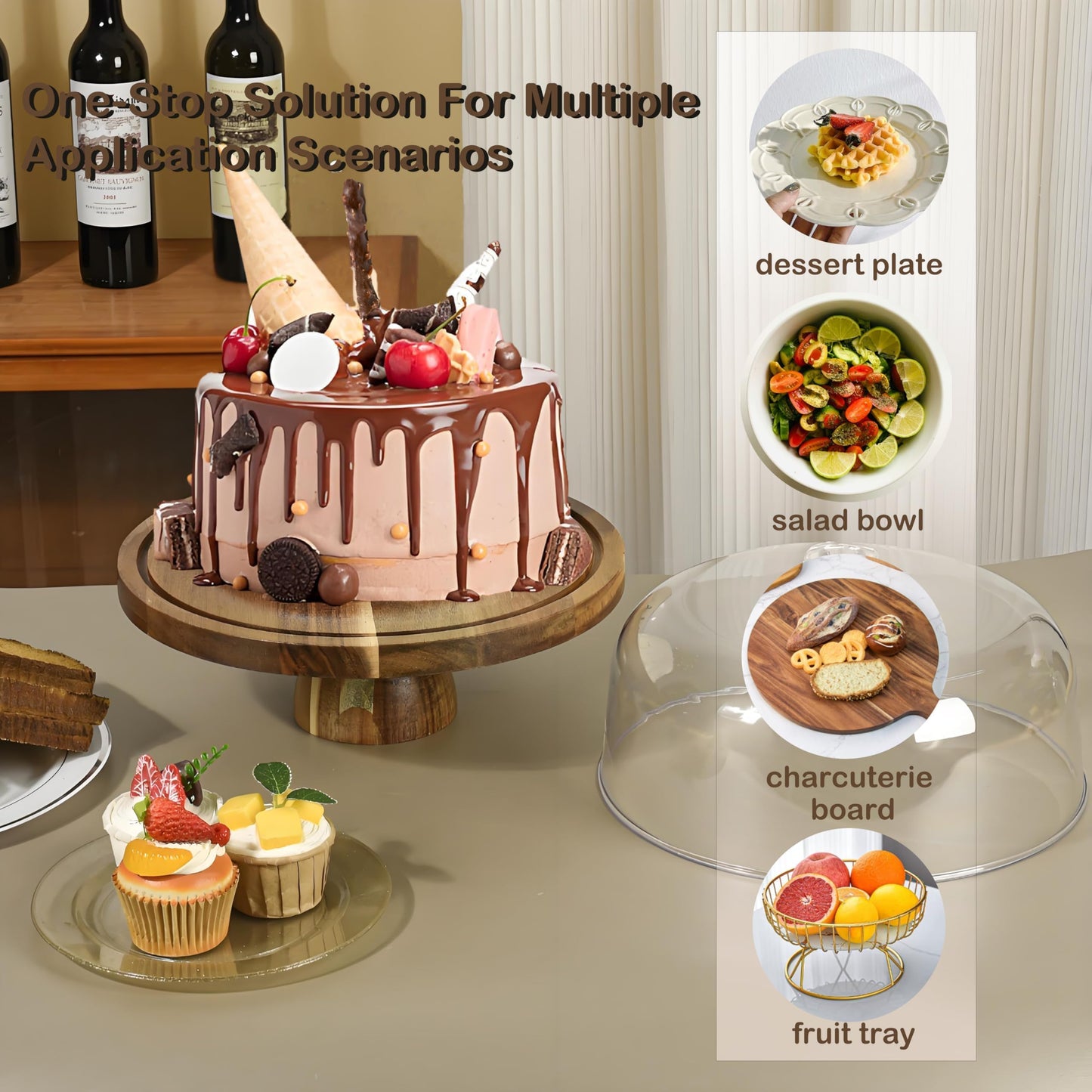 JOCHER Acacia Wood Cake Stand with Lid, 12in Cake Stand with Acrylic Dome (Not Glass), 2-In-1 Cake Display Stand for Charcuterie Board, Chips & Dips, Fruit Platter, Wedding, Birthday, Parties