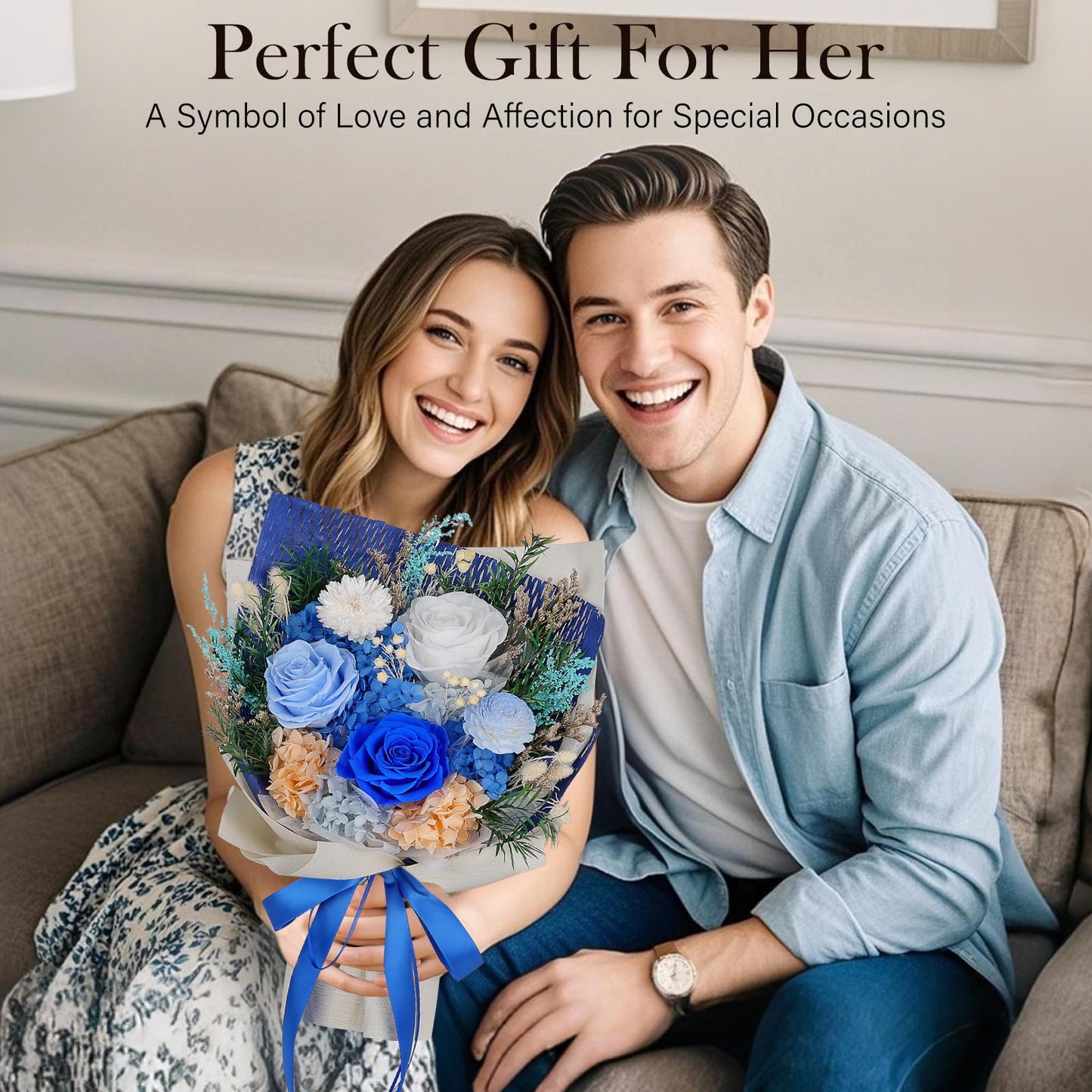 Preserved Flowers Bouquet - Forever Flowers for Delivery, Real Eternal Roses Bouquet, Mothers Day Gifts for Mom Grandma Wife, Anniversary Birthday Gifts for Women, Blue