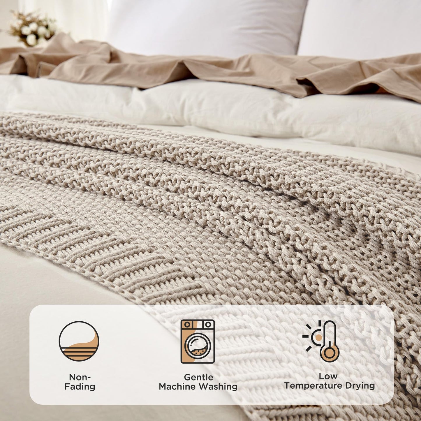 Joydeco Chunky Cable Knit Throw Blanket, Lightweight 100% Organic Cotton Soft Cozy Throw Twin Blanket for Couch Bed and Sofa, Rustic Breathable Farmhouse Blanket Gift for Women Men(Beige, 60"x80")