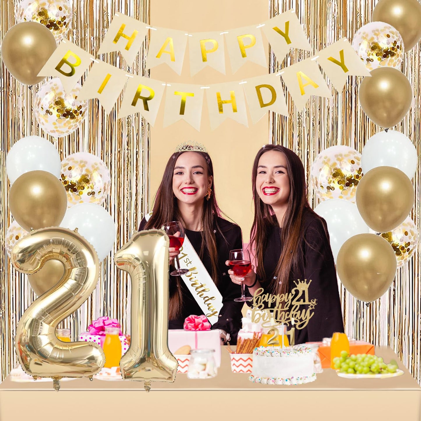 Trgowaul 21st Birthday Decorations for her, Champagne Gold Happy 21st Birthday Supplies for Girls, 21 Sash and Crown, Banner, Fringe Curtains, Cake Topper, 21 Year Old Party Supplies Set