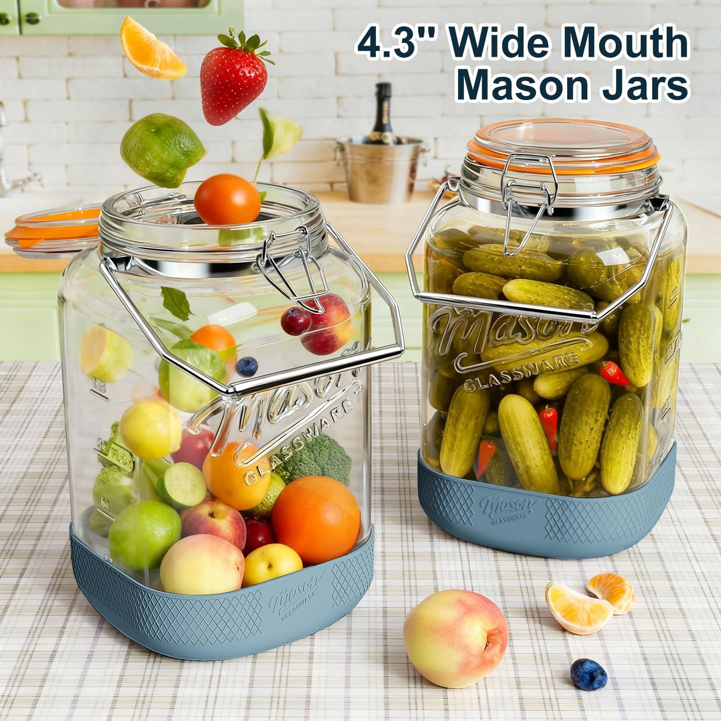 Dwbligt 2 Pack 1.5 Gallon Glass Jar With Airtight Lid, Square Large Mason Jars Wide Mouth with Scale Marks and Stainless Steel Handle-192 Oz Non-slip Glass Storage Containers for Flour Sugar Cookie
