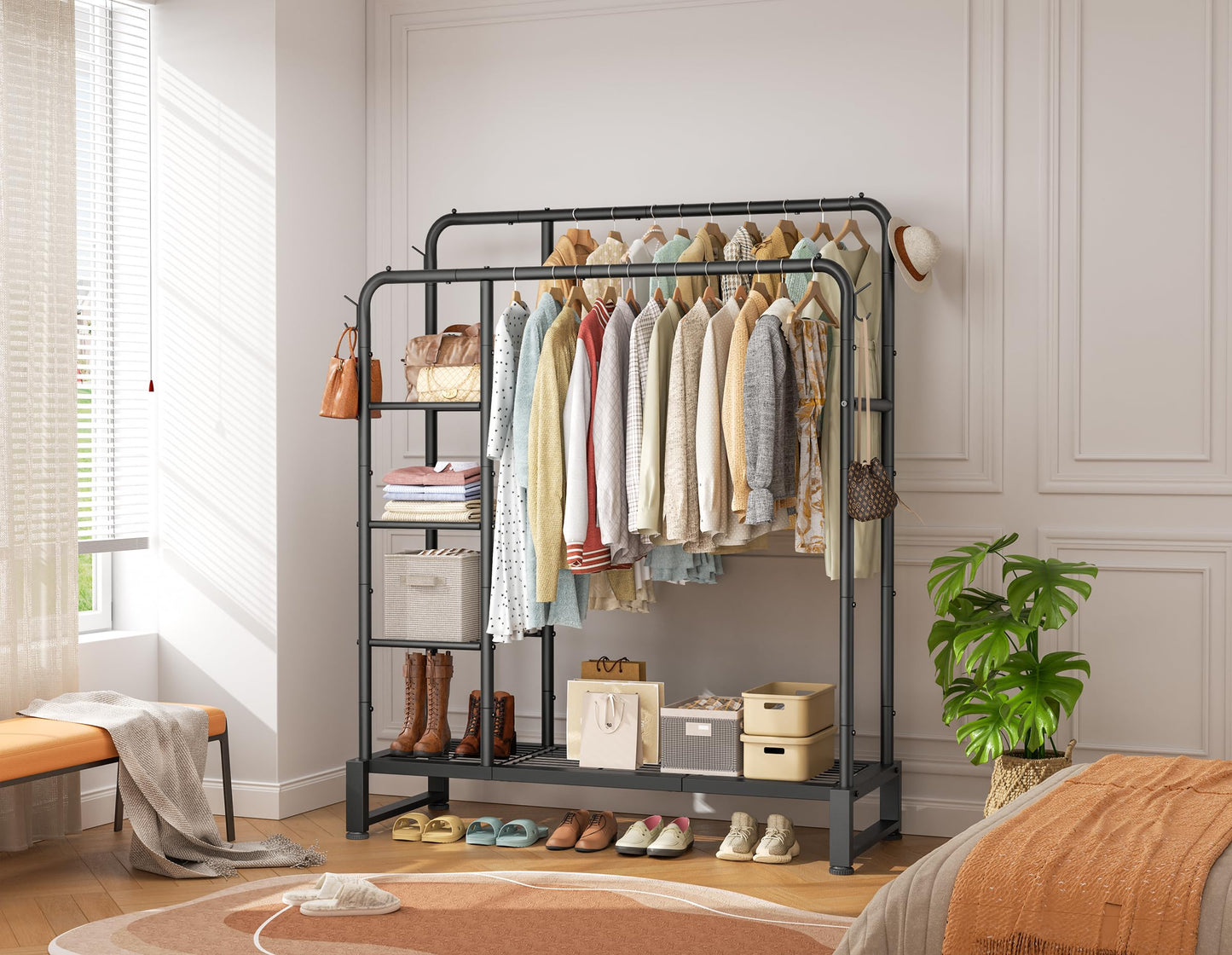 Double Rods Clothes Rack Clothing Rack with 4 Tier Storage Shelves Clothes Rack for Hanging Clothes Multifunctional Heavy Duty Clothes Organizer with Hooks for Bedroom,Wardrobe Closet,Shop,Black