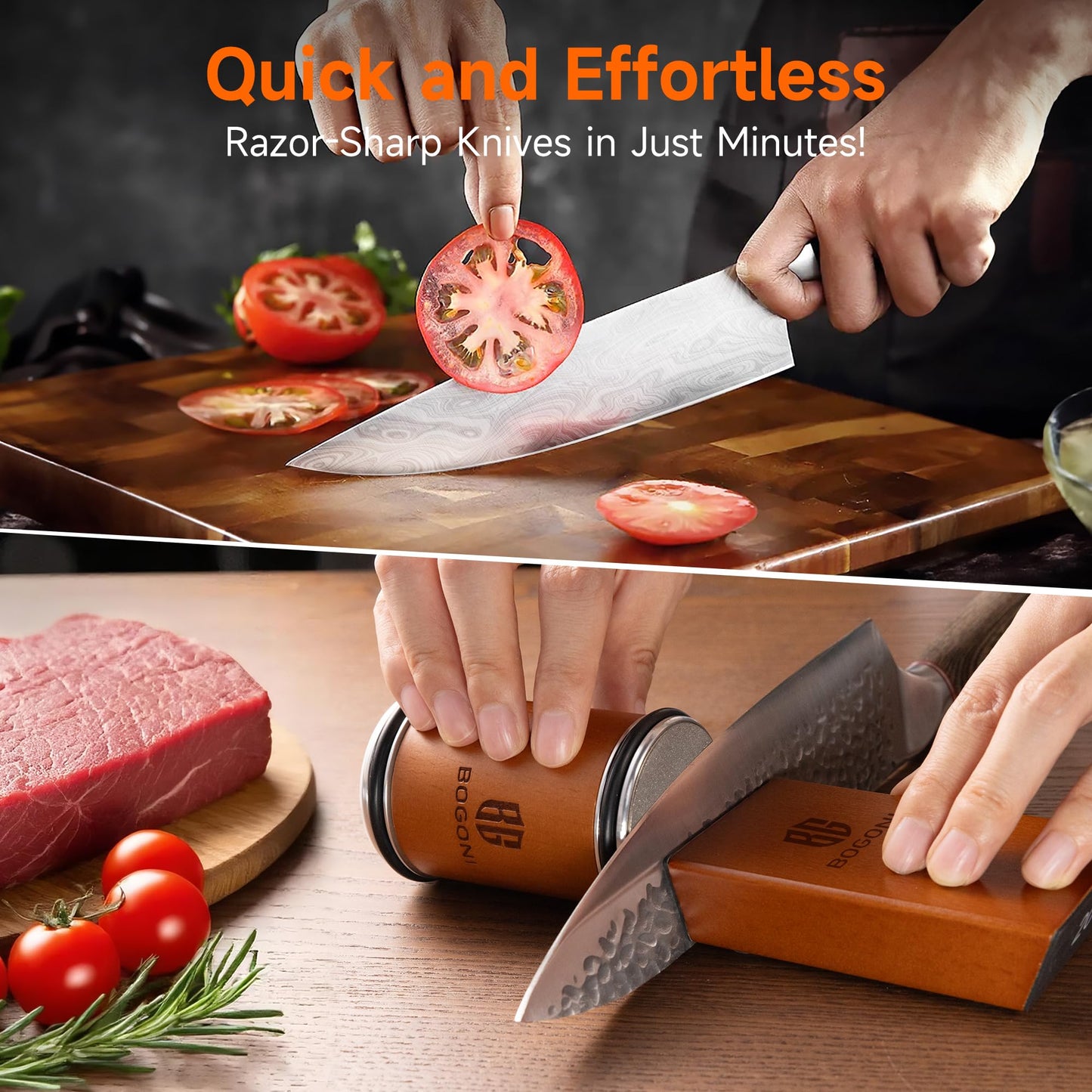 BOGONI Rolling Knife Sharpener, Diamond & Ceramic Disc, 15° & 20° Magnetic Angle, Fast & Safe for Any Hardness, Sharpening Kit for Kitchen & Pocket Knives, Razor-Sharp Edge, Leather Strop, Premium Kit