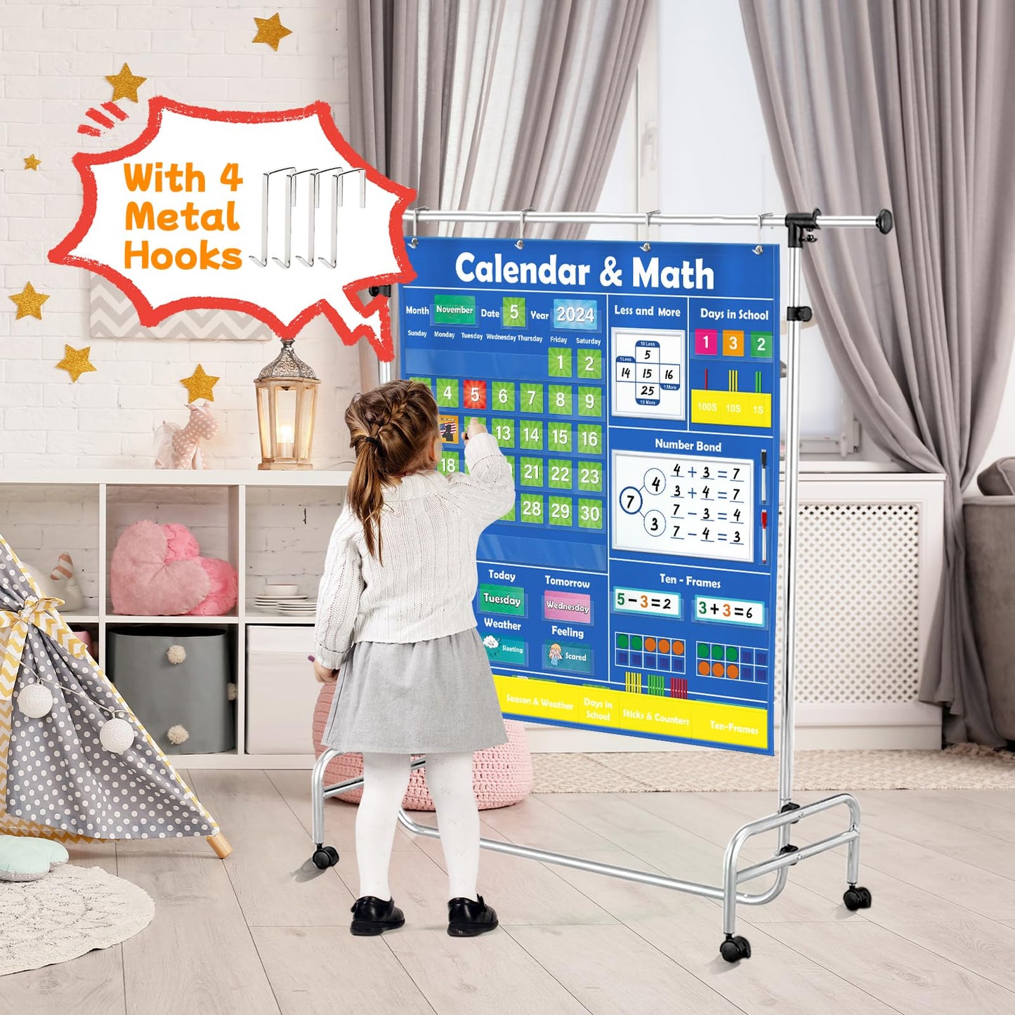 SkilLify Circle Time Calendar Pocket Chart for Classroom, Kids Learning Center with Weather Seasons Emotions & Math Activities, Addition Subtraction Manipulatives, Preschool Homeschool Supplies