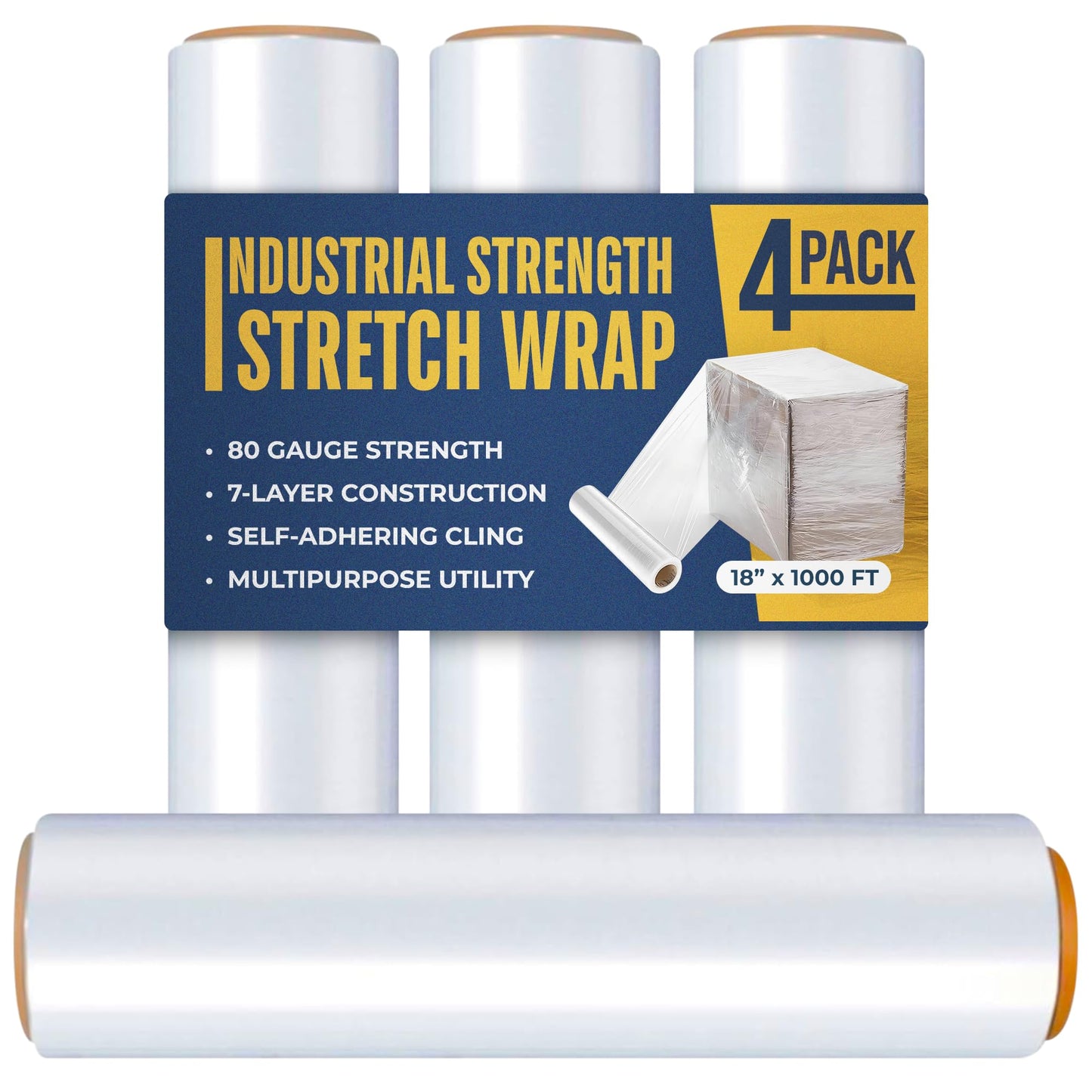 Industrial Stretch Film Wrap – 18" x 1000 FT x 80 Gauge, 4 Rolls Heavy Duty Pallet Wrap | Clear Plastic Moving Wrap for Packing, Shipping, Furniture & Luggage – Durable Self-Adhering Shrink Wrap Roll