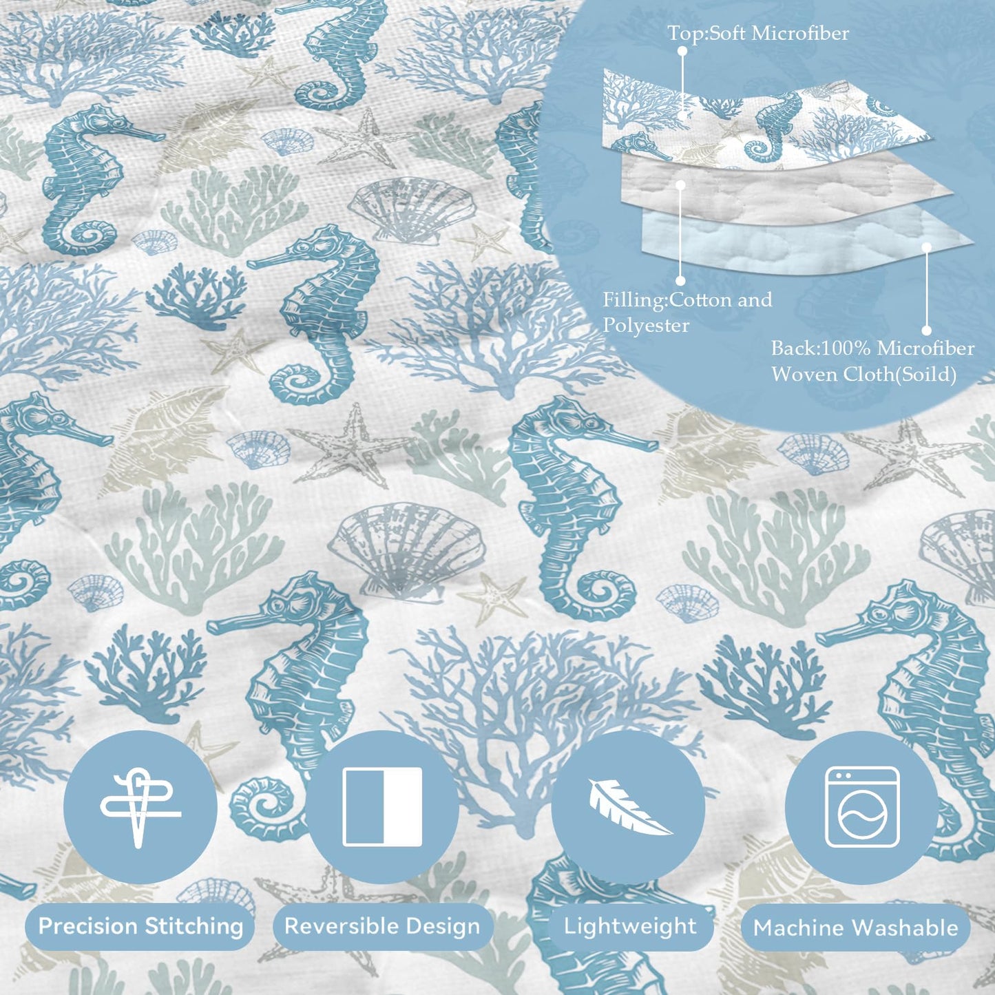 weesire Coastal Bedding Queen Size Coastal Quilt with 2 Shams, Nautical Beach Comforter Sets Ocean Bedspreads Blue Seahorse Coverlet Summer Bedding, 90''x96''