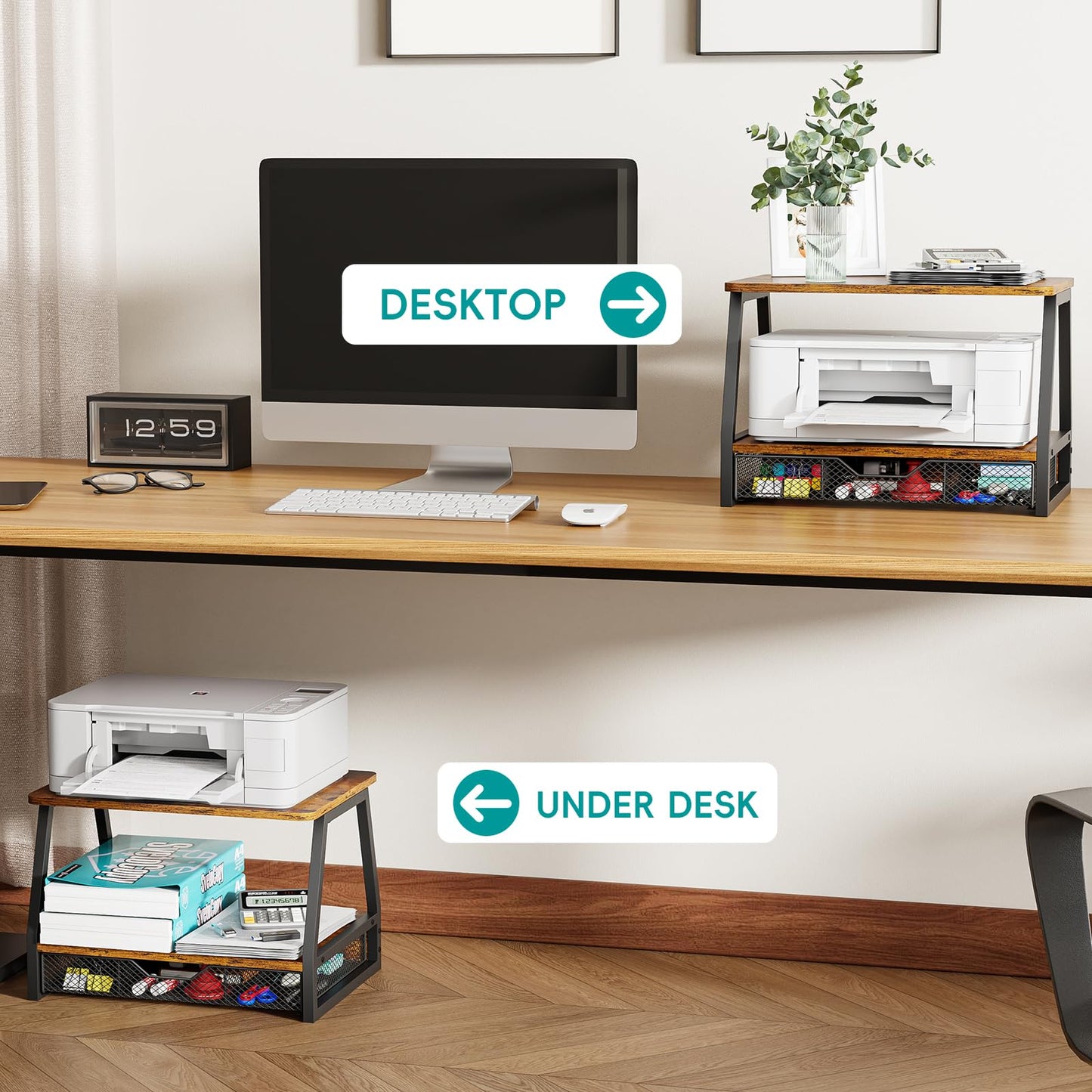 Vfelf 2-Tier Printer Stand with Storage, Desktop Organizer for Printer Paper, Desk Shelf for Office and Home Printers‌ Tables, Black