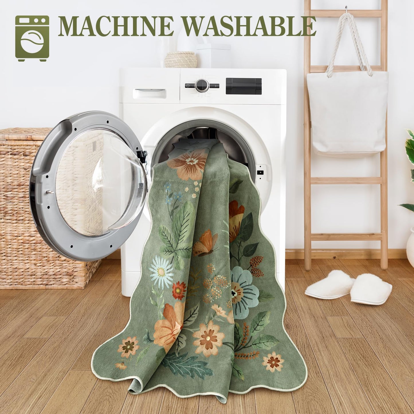 Lahome Floral Washable Rugs, 4X6 Rug for Bedroom Ultra-Thin Soft Dining Room Rug, Non-Slip Living Room Rugs Stain Resistant Boho Rug Lightweight Flore Throw Rug for ‎Office (4x6ft,Green)