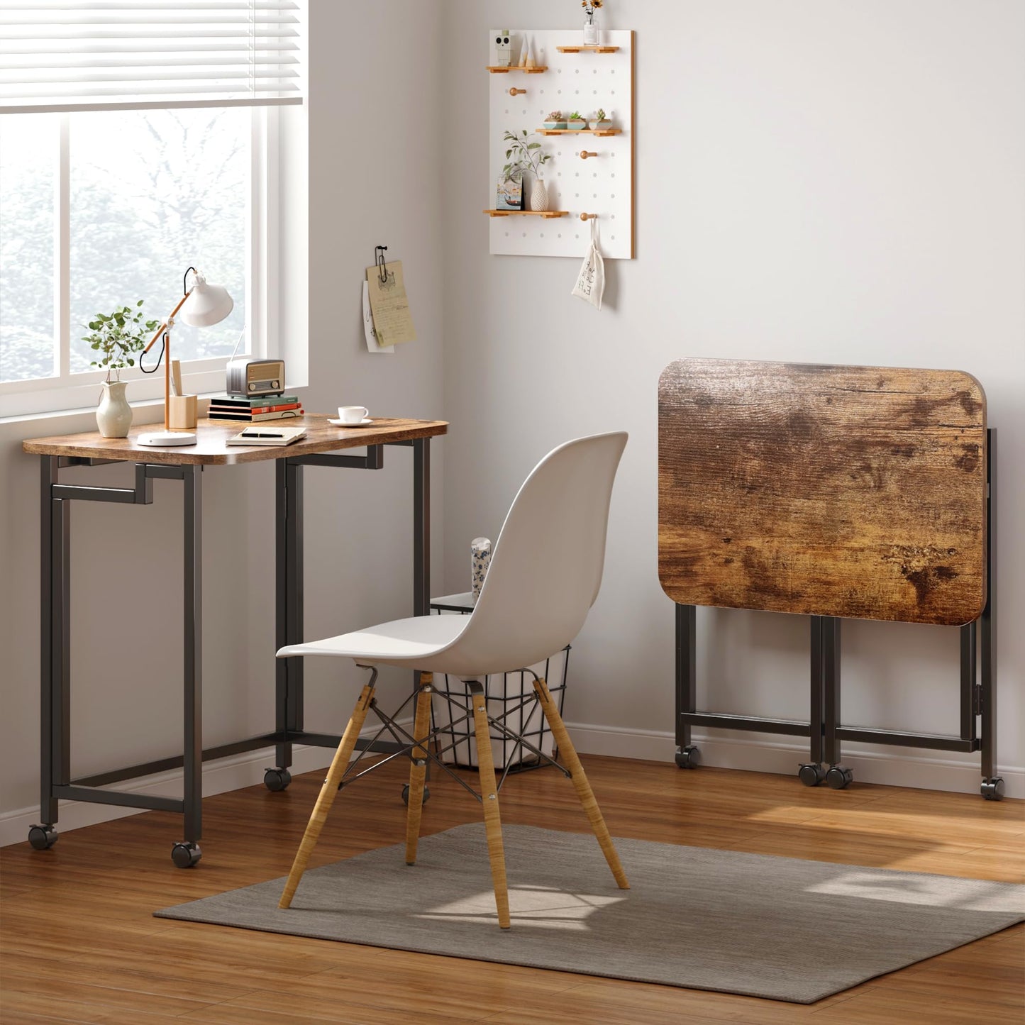 JSB Small Folding Computer Desk with Storage Bag and Hook Writing Modern Industrial Work Table Laptop for Home Office White (Rustic & Brown, 23.6")