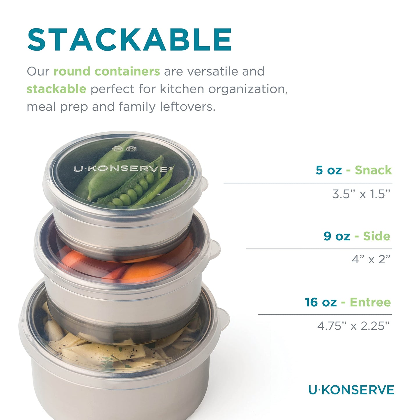 U Konserve Stainless Steel Nesting Trio Food Containers with Silicone Lids, Leak Proof & Dishwasher Safe (Set of 3: 5/9/16 oz)