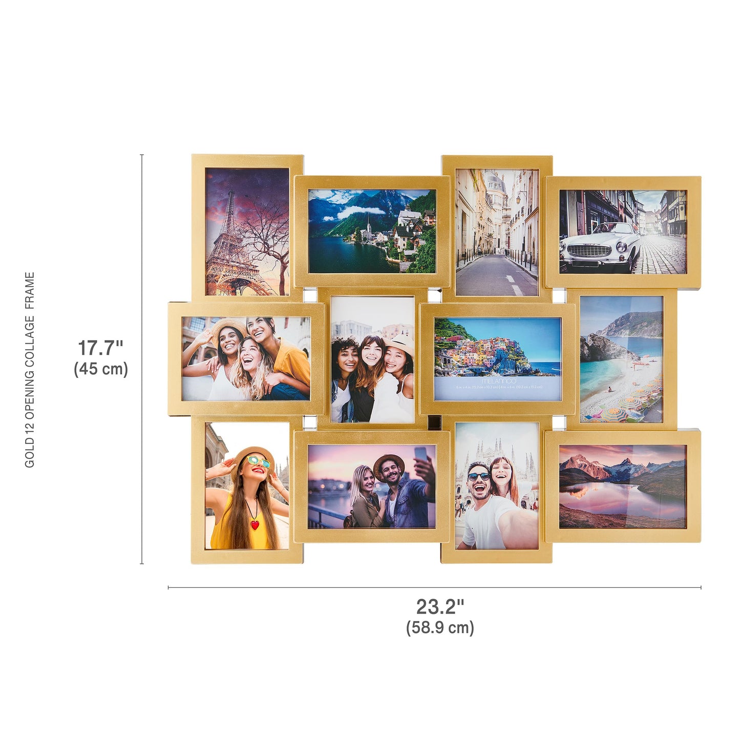 MELANNCO Collage Picture Frame for Wall, 12-Opening Gold Photo Display Holds Six 4x6 and Six 6x4 Photos, 23.25 x 18 Inch Wall Decor Collage Frame