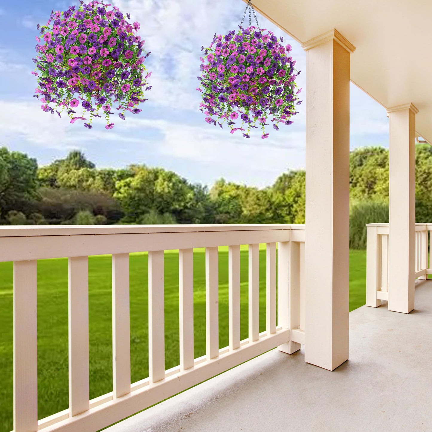 Ammyoo Artificial Fake Hanging Flowers Plants with Basket for Outdoor Spring Decoration, Faux Silk Daisy Flower Real Touch UV Resistant for Outside Porch Patio Garden Yard Home Decor(Purple Lotus)