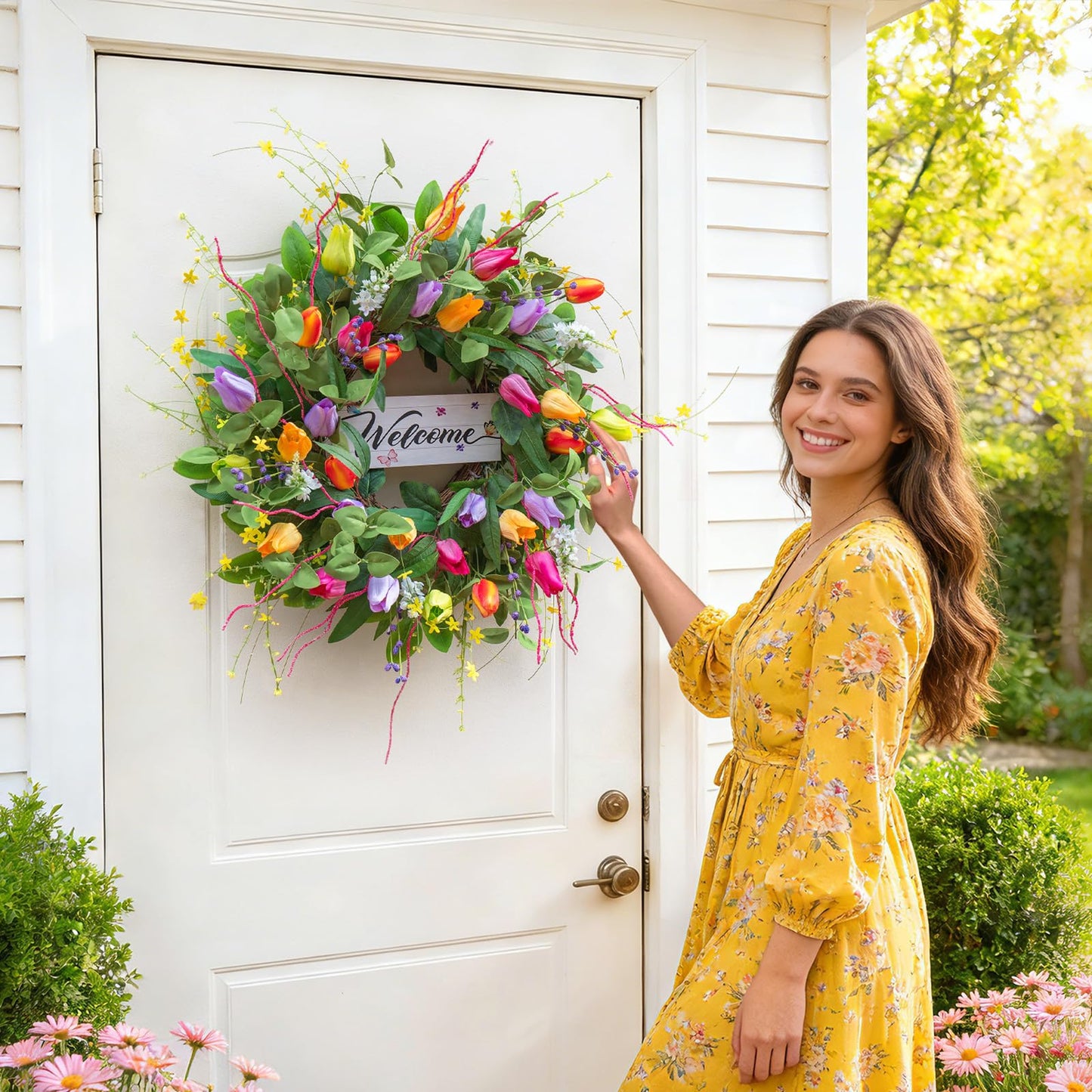 Summer Spring Wreaths for Front Door 26 Inch, Tulip Spring Summer Wreath with Welcome Sign, Artificial Floral Spring Door Wreath for Outdoor Front Door, Farmhouse Seasonal Summer Wreath