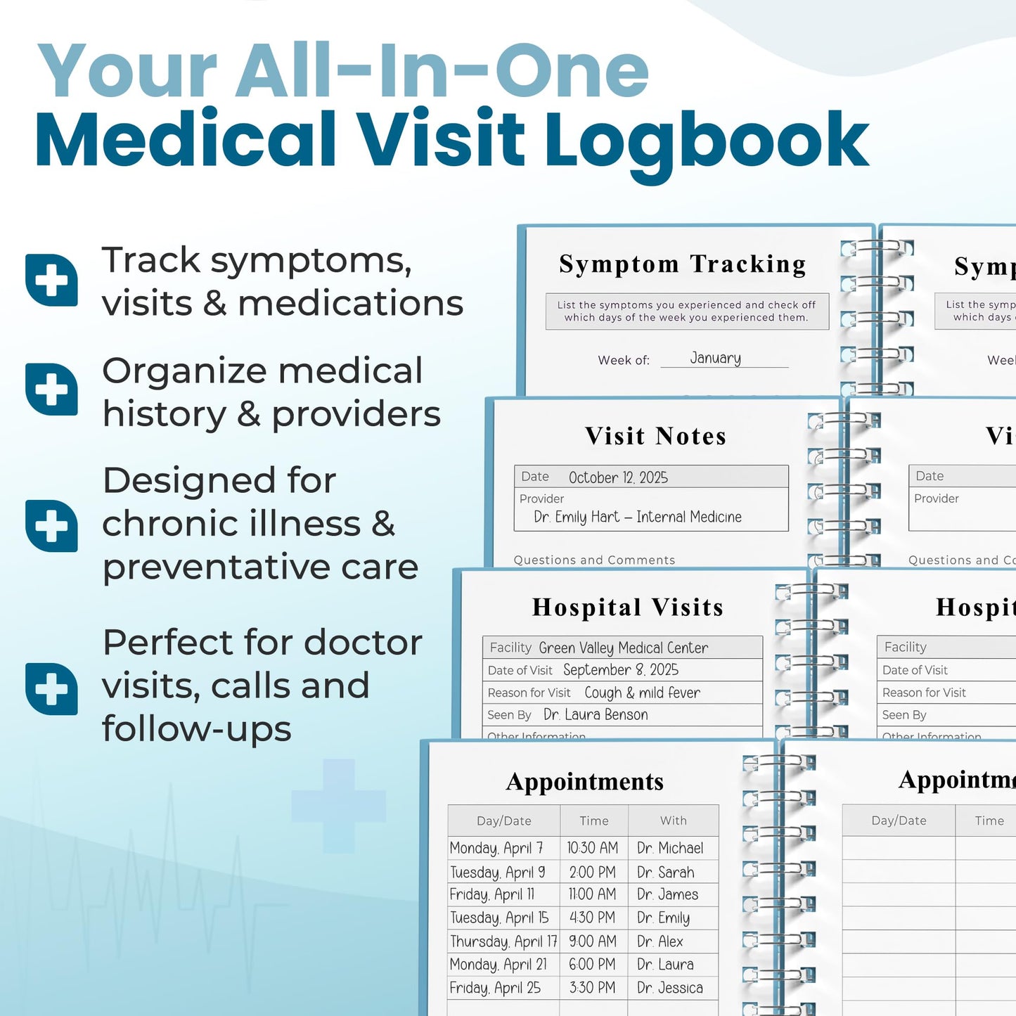 Planners With Purpose B5 Medical Visit Logbook - Large Spiral Bound Medical Planner & Health Journal for Chronic Illness, Doctor Appointments, Symptom Tracking, Medications & Medical History Organizer Notebook with Pockets
