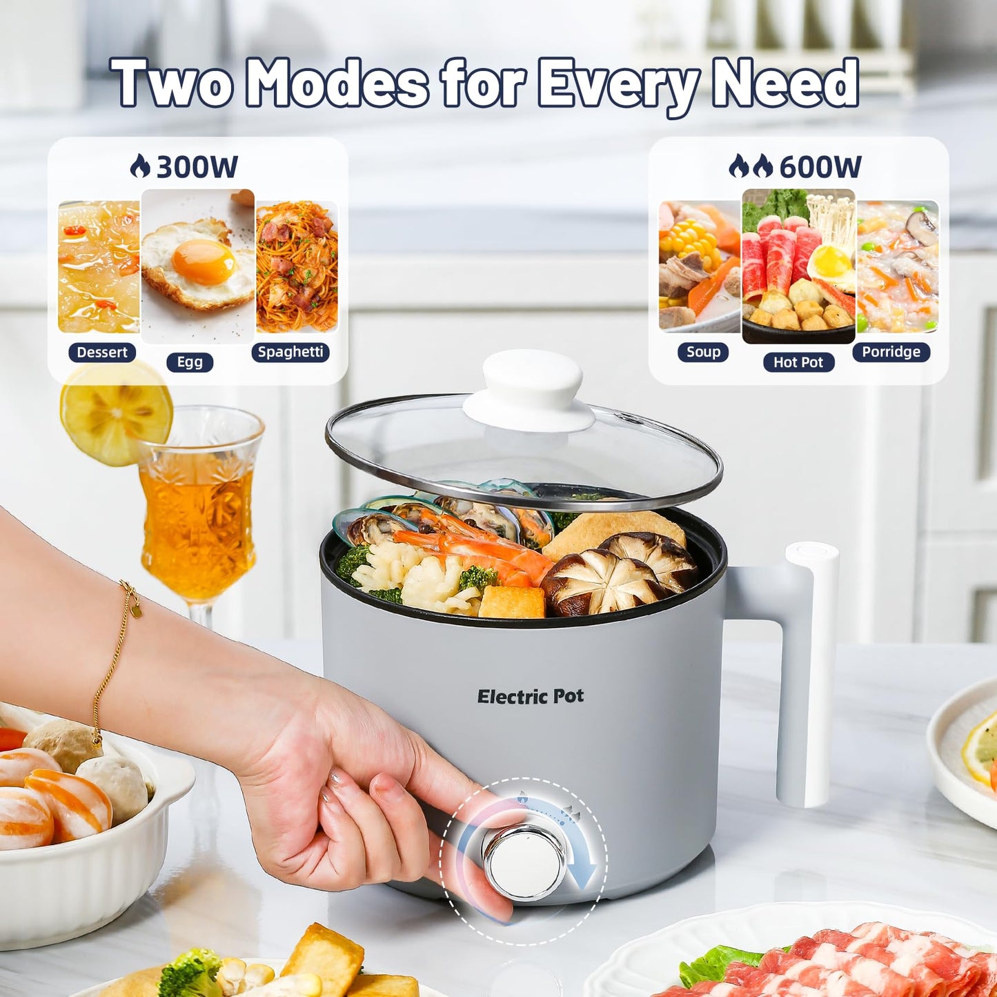 KERZION Electric Hot Pot :1.5L Mini Ramen Cooker with Overheat & Boil-Dry Protection, Suitable for Noodles, Soup, Oatmeal, College Dorm Office Travel Essentials (Grey, 1.5L)