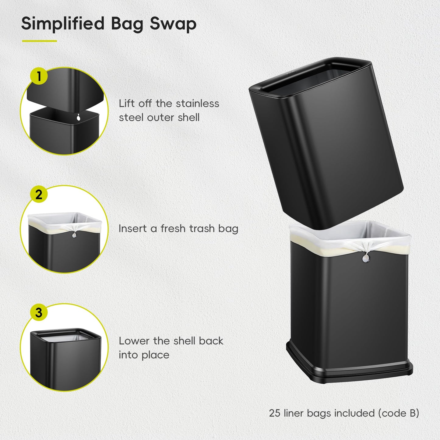 EKO Laguna 2.6 Gallon/10L Matte Black Stainless Steel Open Top Trash Can with Removable Inner Basket - Modern Bathroom & Office Waste Bin