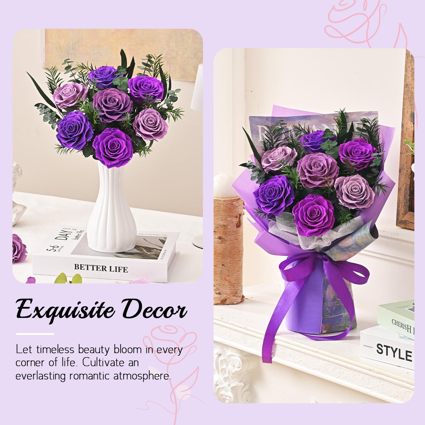Flowers for Delivery Prime 7 Roses, Mothers Day Flowers for Mom, Mothers Day Gifts, Forever Preserved Purple Flower Bouquet Eternas Rose Birthday Gifts for Women Gf Gifts Wedding Anniversary
