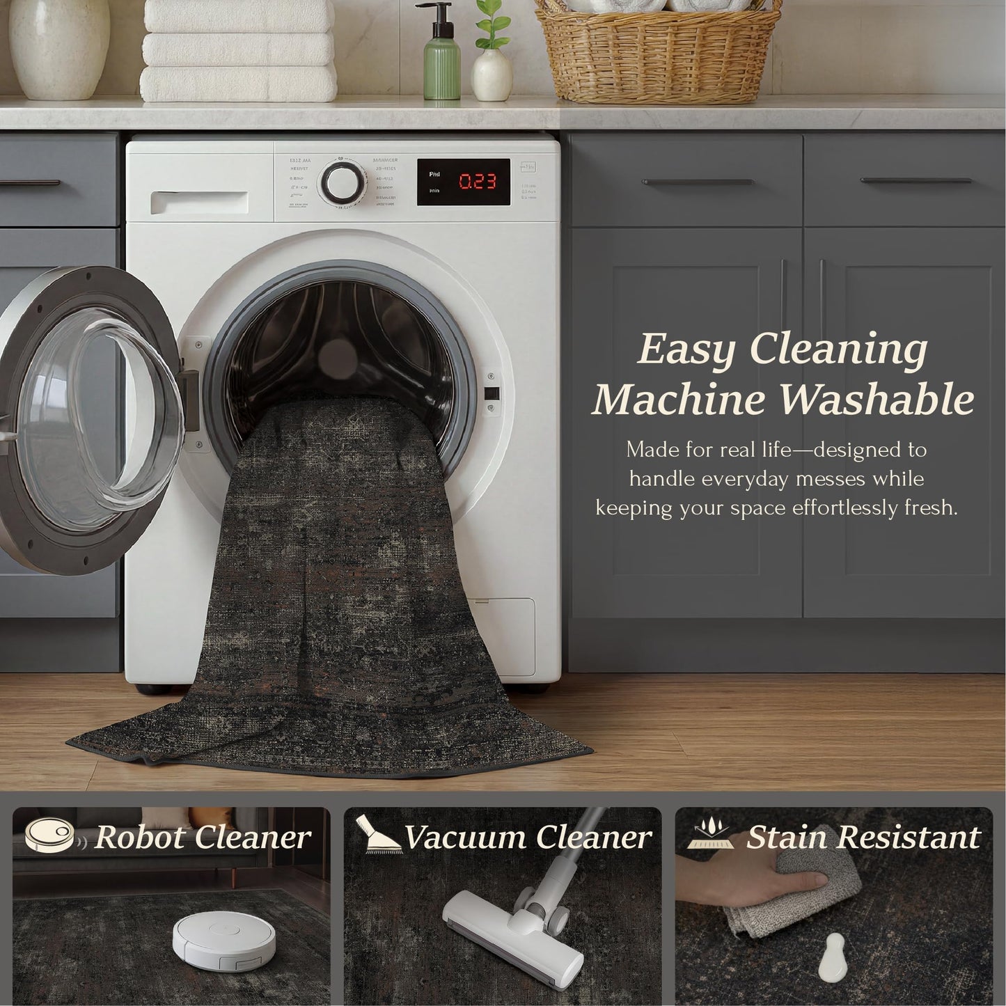 Black 2'6" x 8' Washable Hallway Runner Rug, Non Slip Long Kitchen Runner, Dark Charcoal Low Pile Stain Resistant Rug for Entryway, Bathroom & Laundry Room